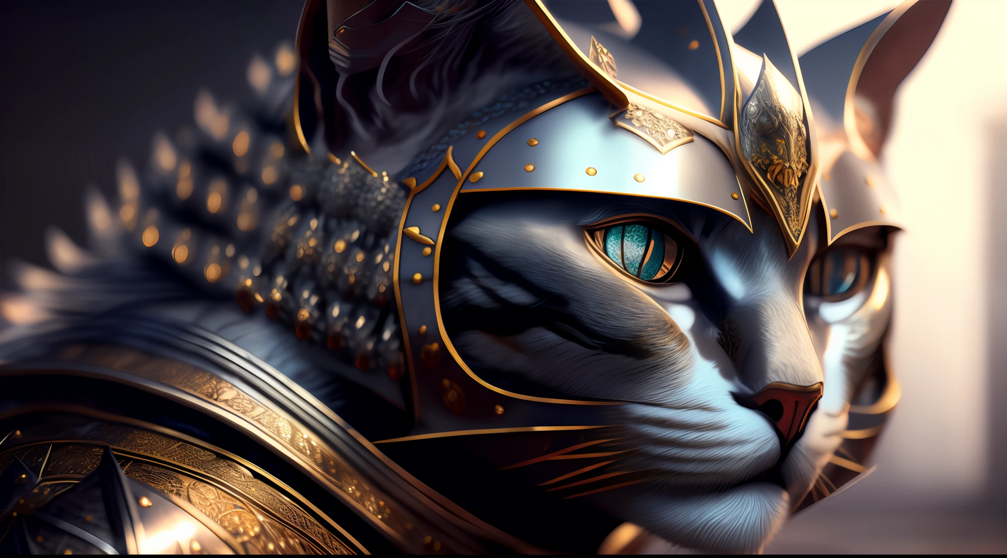 Kneeling cat knight, Portrait, finely detailed armor, intricatedesign, Silver, Silk, Cinematic lighting, 4K
