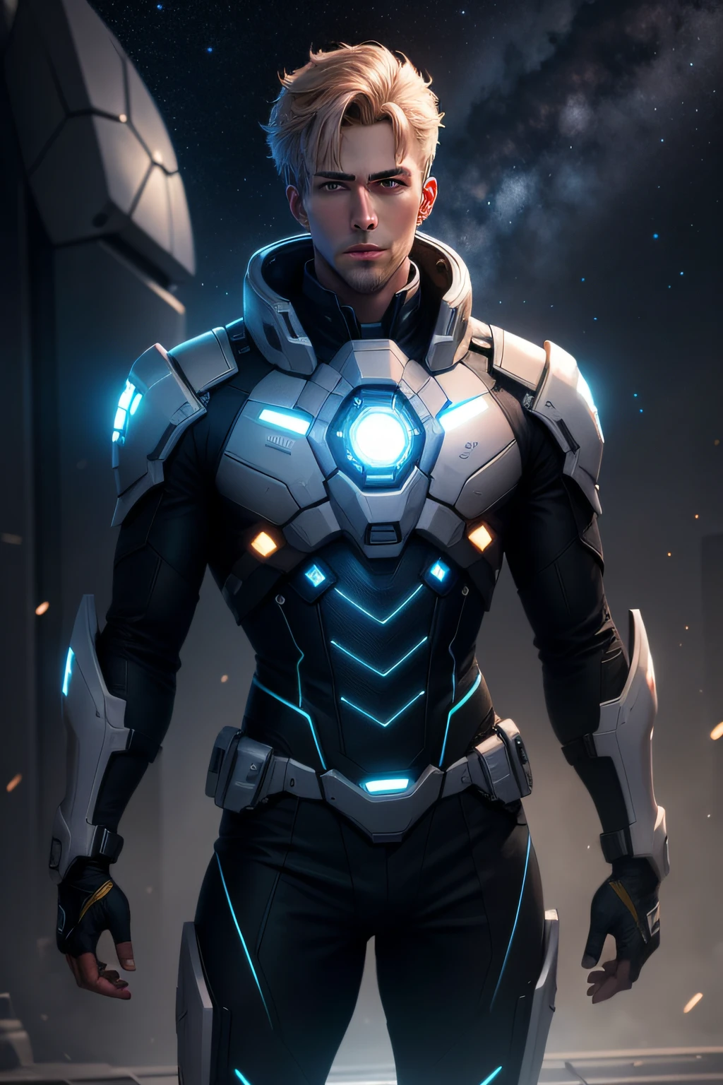 Hawkeye arrow man glossy white suit in with glowing golden lighting cyberpunk futuristic costume cenematic background