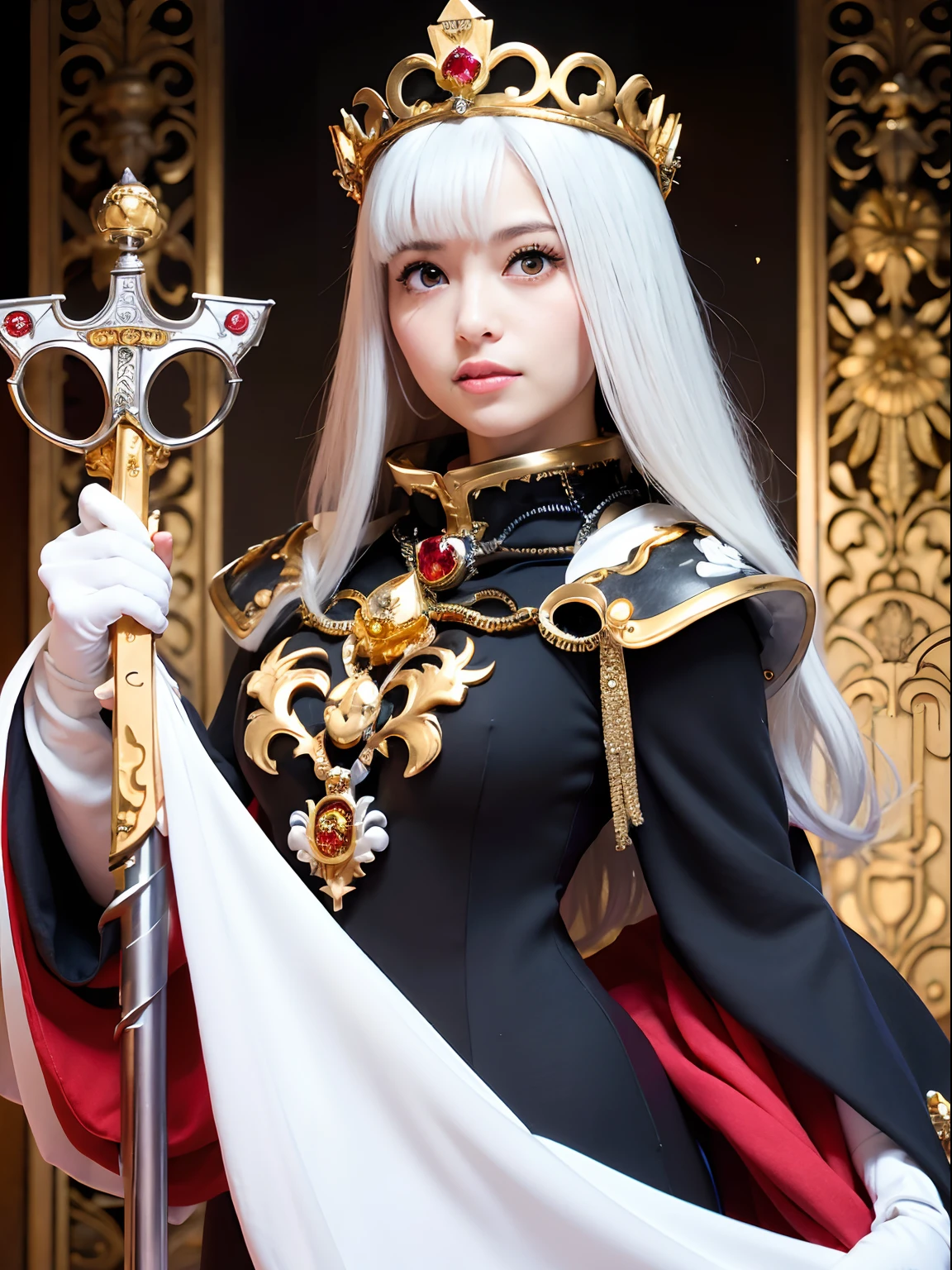 (masutepiece), Professional , masterpiece、top-quality、photos realistic , depth of fields (Gemstone Silver Metal Body:1.9),(Matte White、Jewel Gold Weapon(Jewel Metal Body:1.4),Gorgeous metal weapons ,(Swarm of goblins)、 Detailed Sword of the Brave , Beautiful knife ,warhammer 40k , adepta sororitas,Detail and ornate jewel crown、Black hair、Gangle's forest background、Beautiful Caucasian beauty、1a person、dynamic ungle,(((Detailed and ornate diamond crown)))、Smaller head、A smile、Take a sexy pose、Background inside the castle、Thin and beautiful female hands、cyanide light particles、