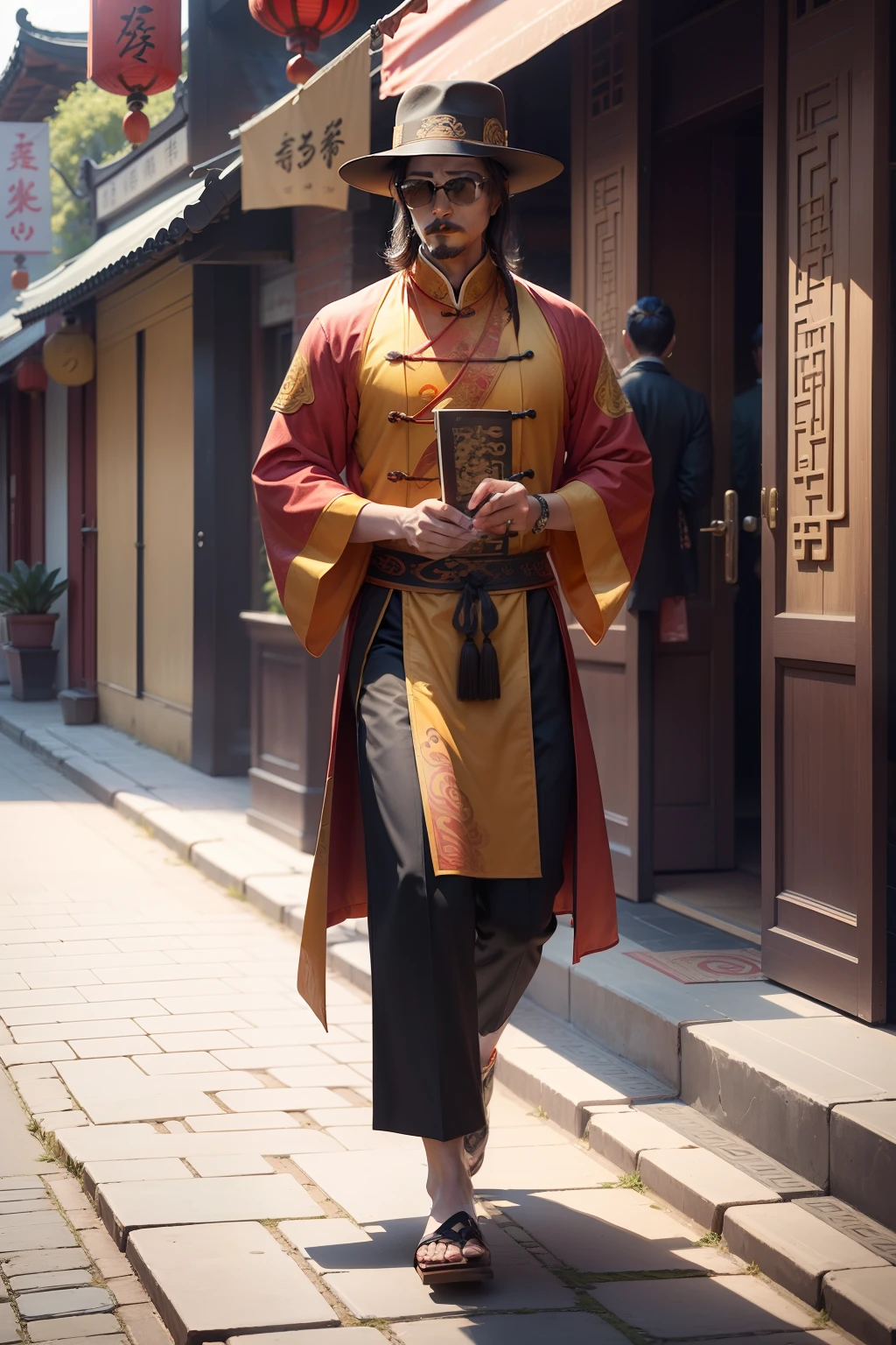 「Please follow the description below,Drawing a man dressed in a Tang costume、Ancient Chinese numerologist wearing sunglasses and a small hat,Scene walking on a brick road。」