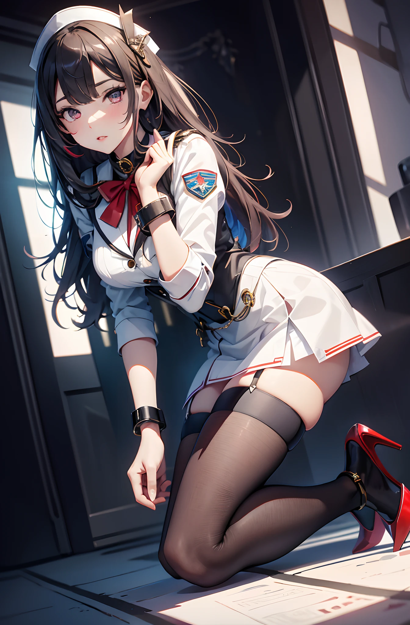 best qualityer,tmasterpiece,Ultimate resolution,downy,Extremely colorful,stewardess,Normal posture,Redlip,Collar,Kneeling pose,shackle,behead,Collar,handcuff,Anklets,(white stockings),high-heels,Normal posture
