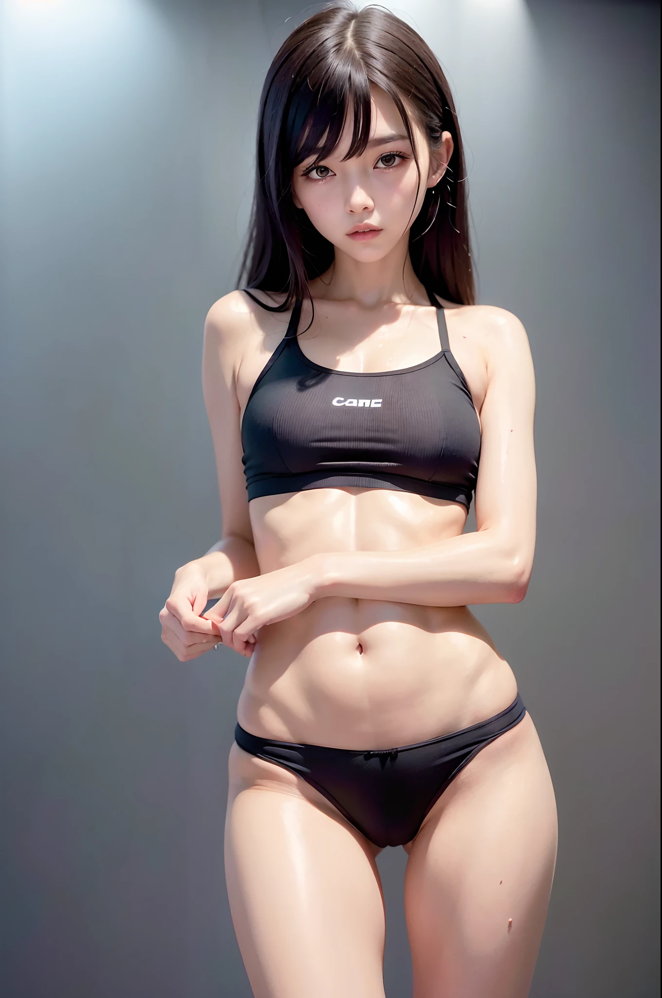 (Solo exhibition), (a detailed full-body RAW photo of a girl), (tmasterpiece:1.0), (best qualtiy:1.4), (超高分辨率:1.2), (realisticlying:1.4), 8K分辨率, a Canon EOS R5, 50mm, absurderes, hyper-detailing, (20yr old), Sharp focus, cinmatic lighting, Detailed beautiful face, (putting makeup on:1.2), (ulzzang-6500-v1.1), Petite figure, detailed skin textures, paleskin, a flat chest, (Slimming and bodybuilding:1.3), thigh gap, Delicate brown hair,sweltering heat,(Very messy hair:1.5),ssmile,(Sports bra,sport leggings:1.4),realistic glittering skin,(perspired:1.45),Slim waist,Tempting,ssmile,Protrusions