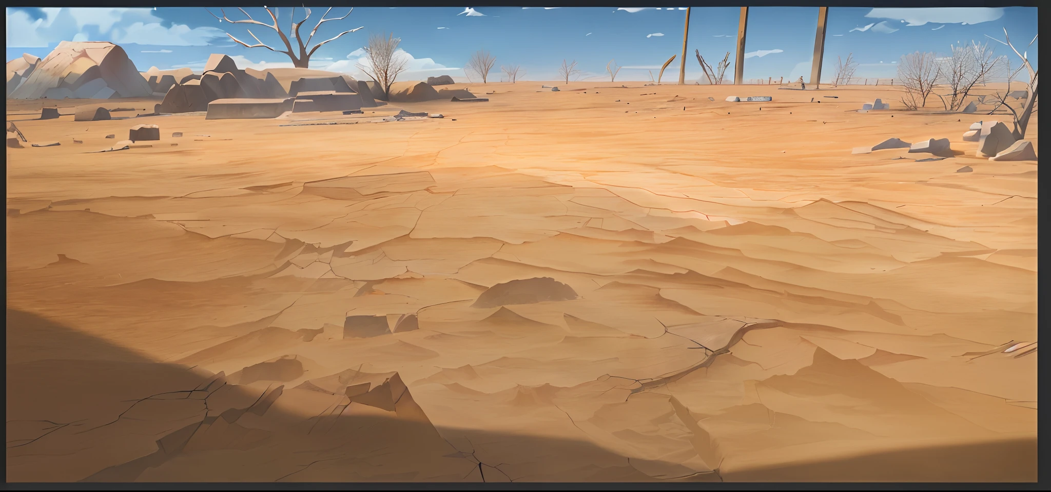 anime backgrounds, Cracked ground, Rock piles, expansive view, Lots of detail, Soft picture, Pure scene, Sparse dead trees, Dead trees in the distance, desert, Sand, rays of sunshine