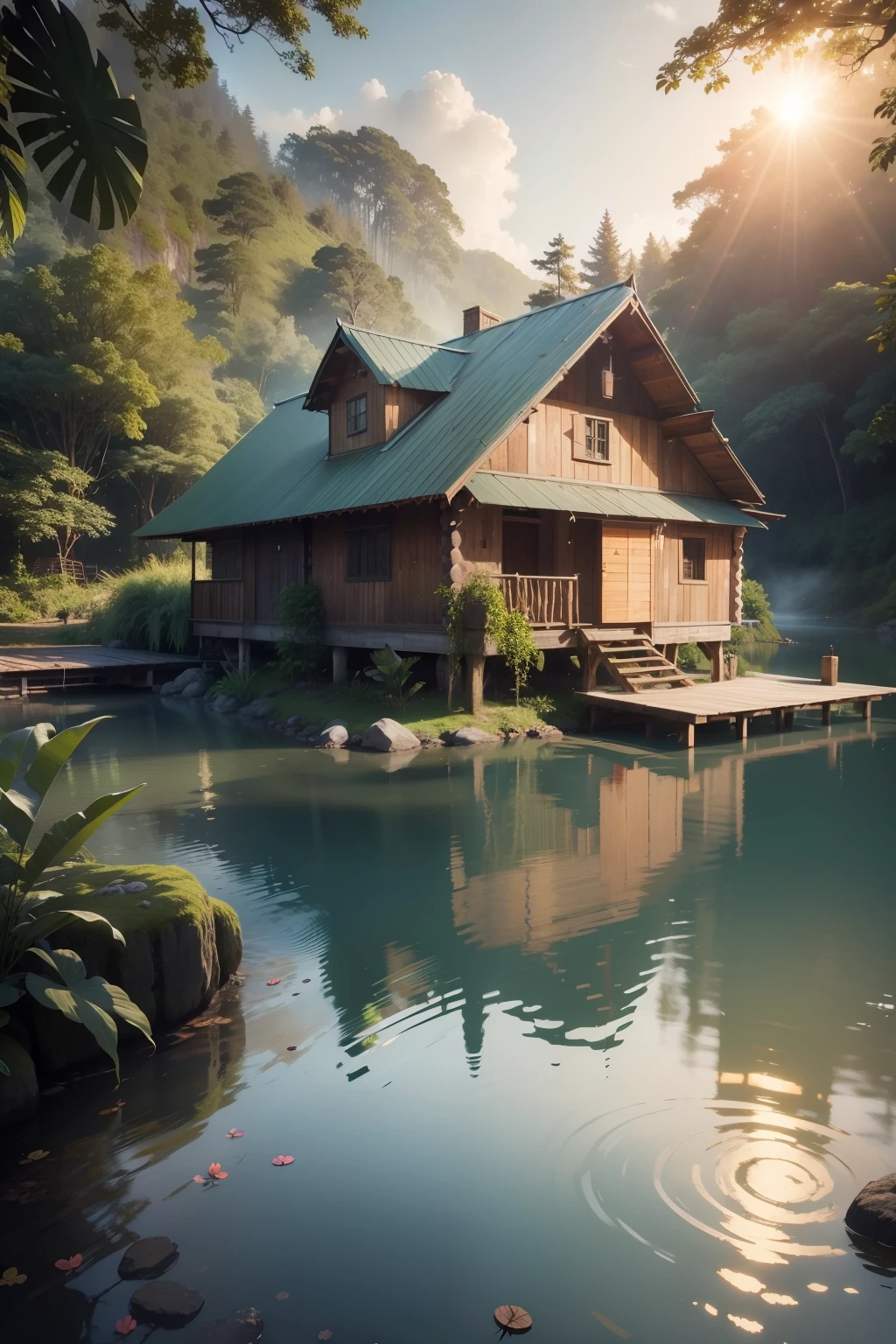 (A rustic wooden house:1.3) in a rainforest and a small lake in front of the house with a small wooden bridge between the house and the other side. Uma nevoa densa da manha espalha pela cena. The sun is rising behind the forest, fazendo que os raios atravessem as folhas e galhos. Octane render, 8k