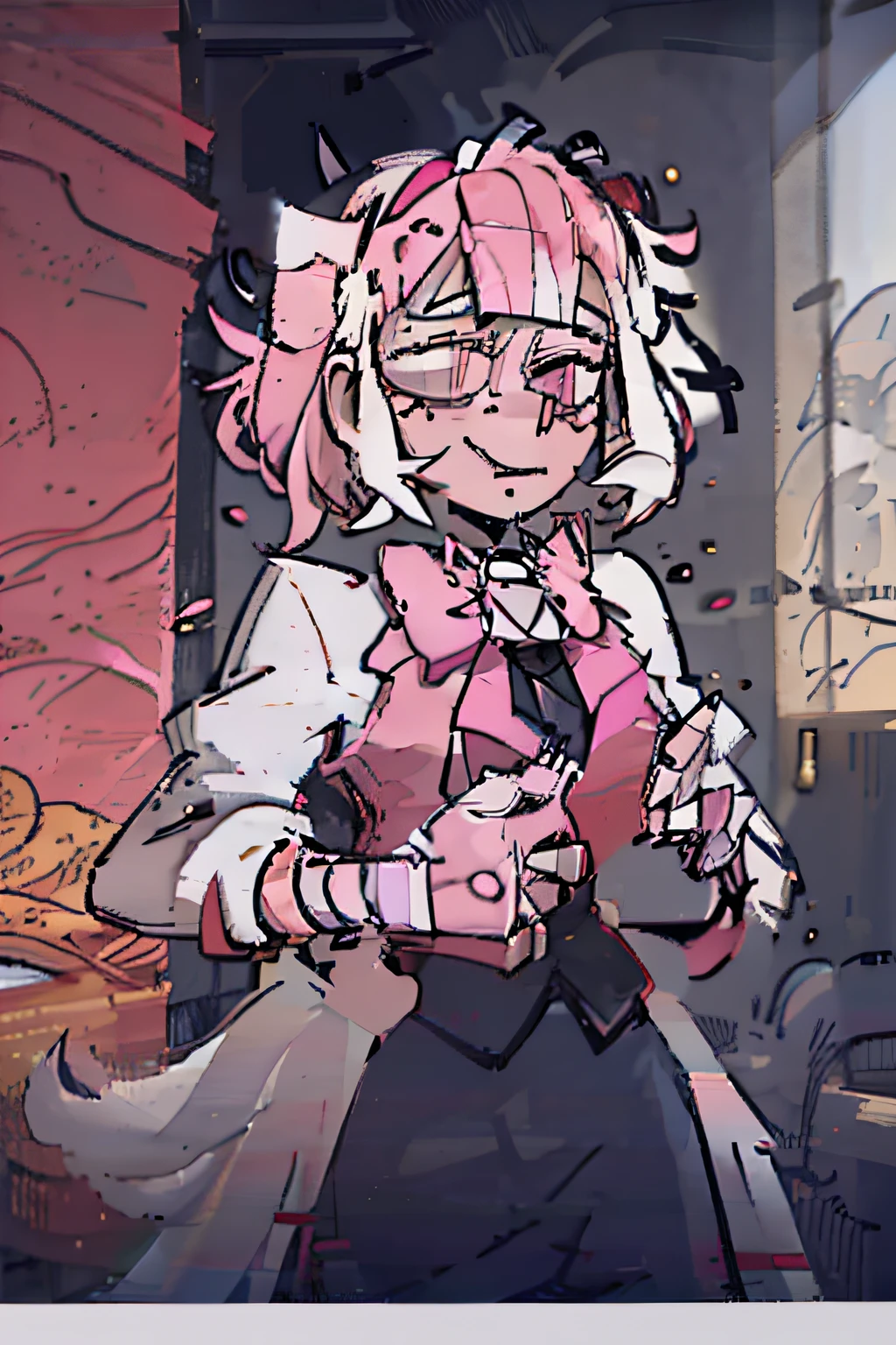 1 idol, Pink hair, Gold eyes, Wearing a pink plaid skirt, Plain white button-down shirt，Pair it with a pink bow , absurderes, A high resolution, ultrasharp, 8K, Masterpiece