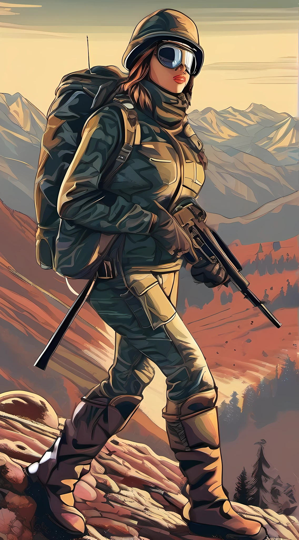 heroine woman, forte, corpo inteiro, uniforme de soldado, black mask, luvas de prata, Caminhando na montanha, [Perspectiva de cima para baixo 1.2], comiс style, estilo quadrinhos coloridos, [contorno de linhas pretas 0.8], professional art drawing for printing, High definition, 8k