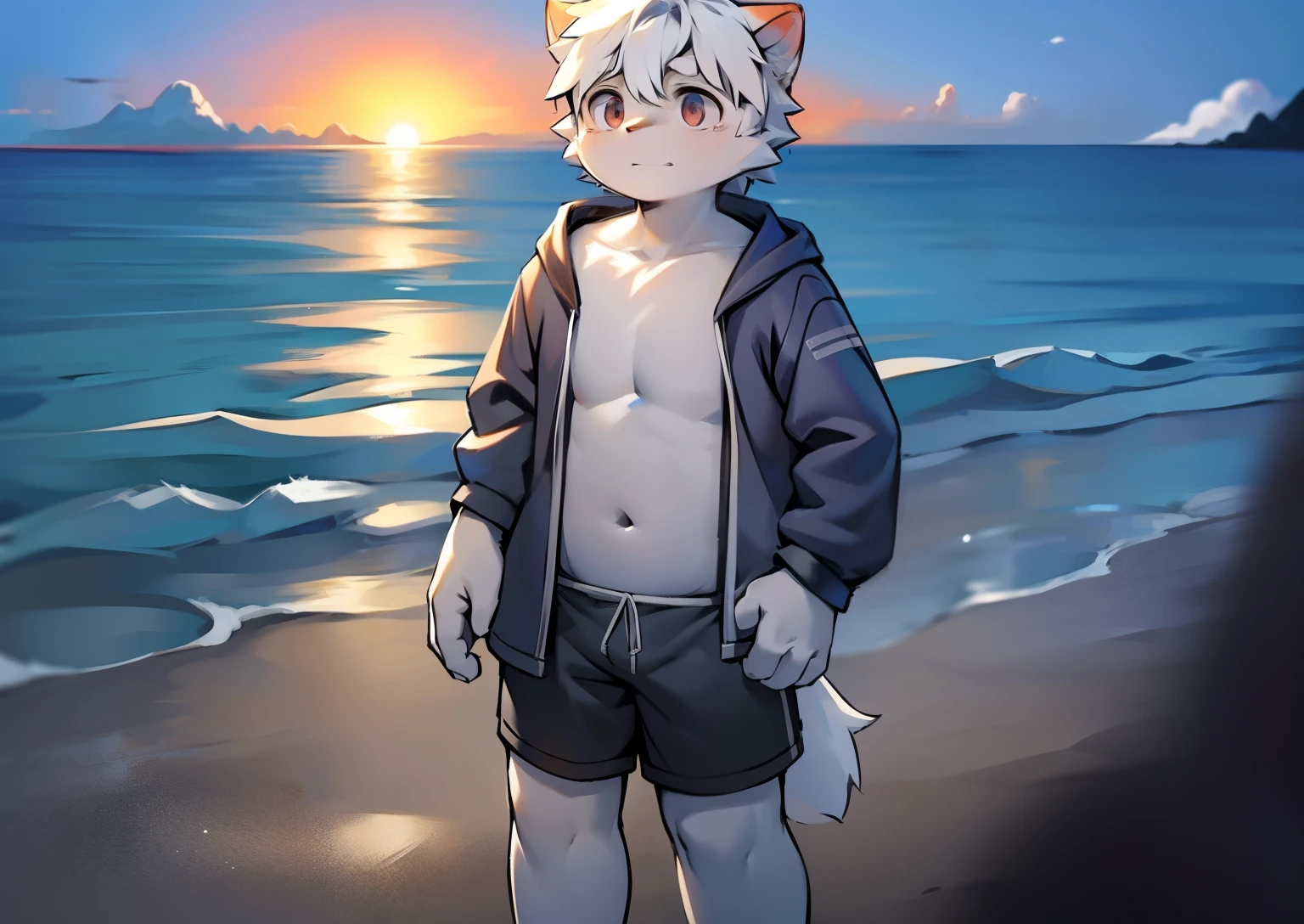 author：Jrjresq, author：Kirito,Libido boy，furry wolf，((Shota)), Black and white hair, Very good figure, Handsome，adolable, Light：Hazy light and shadow, Reflective skin,Reddish skin，((worn-out clothing，Commoner)) ，((beachside，standing on the rock，islands，独奏，solo person))，Outdoor sunset，((the detail))，（depth of fields，Full body photo），standing on your feet