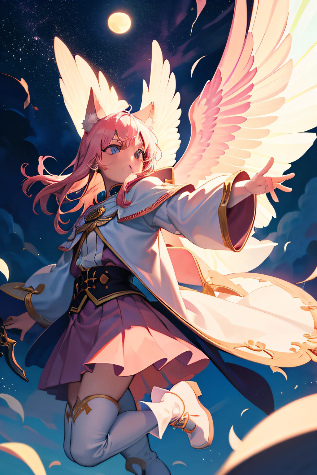 Masterpiece, Best quality, Ultra-detailed, illustration, 1girll, Solo, fantasy, wielding a sword, Fight, Night sky, Outdoors, Moon, stars, Light armored jacket, Clouds, Wind, Waist length pink hair, Cape, White boots, white stockings，Pink fox ears，Pink fox tail, the angel's wings，Glowing, mysterious, Enchanting, Whimsical, Playful, Adventurous, Freedom, Wonder, imagination, Determination, skill, Speed, sport, energy, Realism, Naturalistic, Figurative, representational, Beauty, Fantasy culture, mito, Fairy tales, Folklore, legends, fantasy world, composition, scale, foreground, Middle ground, Background, Perspective, Light, Color, Texture, detail, Beauty, Wonder, Ghibli style, Close up