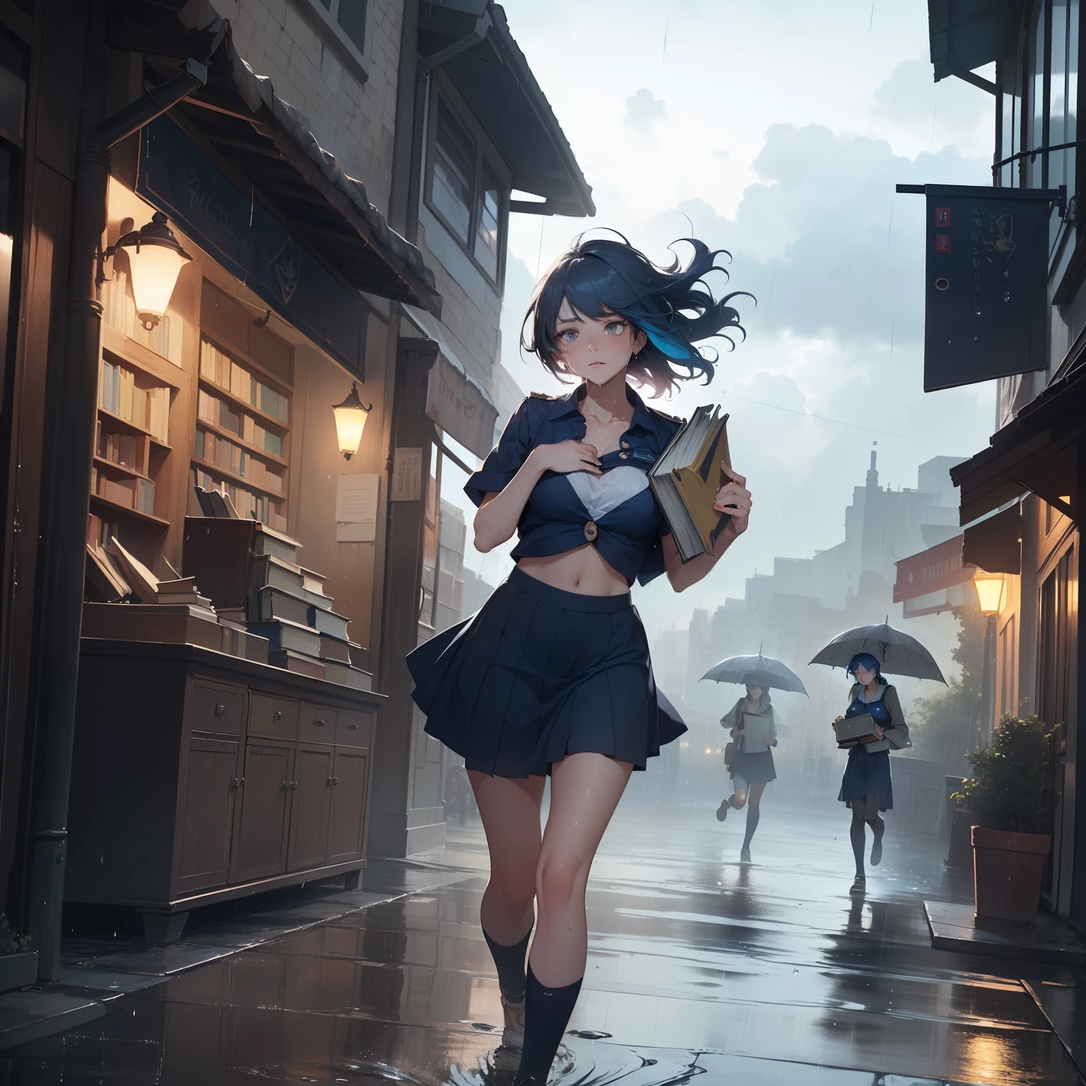 (masterpiece, 8k, best quality), photorealistic, cinematic, dynamic background, 1 girl, blue hair, (((close-up shot, front view:1.2))), focus on the face, perfect anatomy, curvaceous body, alluring, perfect eyes, perfect hands, large breasts, round ass, long round legs, in this captivating scene, a determined young woman in her late teens is depicted sprinting through a charming urban setting))), (((her neatly pressed school uniform slightly disheveled by the wind, with a mix of urgency and playfulness in her expression, (((she clutches her books tightly to her chest))), (((employing them as an improvised shield against the diagonal raindrops))), cobblestone pathways wind through the scene, flanked by quaint shops, cafes with inviting awnings, and multi-story townhouses displaying various goods, (((the overcast sky and gray clouds hint at the impending rain))), while warm glows from streetlights and shop windows cast a cozy contrast, puddles form on the cobblestones, reflecting the city's lights, the dynamic composition emphasizes her energetic sprint, while her determined posture and gaze convey a spirit of resilience and optimism, this artwork captures the fleeting yet powerful emotions of a spontaneous decision, inviting viewers to contemplate the beauty of embracing challenges with a positive attitude, the color palette blends muted tones of gray and blue, (((with the navy blue of her uniform standing out as a focal point))), wet uniform, wet skin, whether rendered through digital painting, watercolors, or mixed media, extremely detailed Artgem, IG model, alena aenami and artgem, krenz cushart and artgem, artgem and atey ghailan