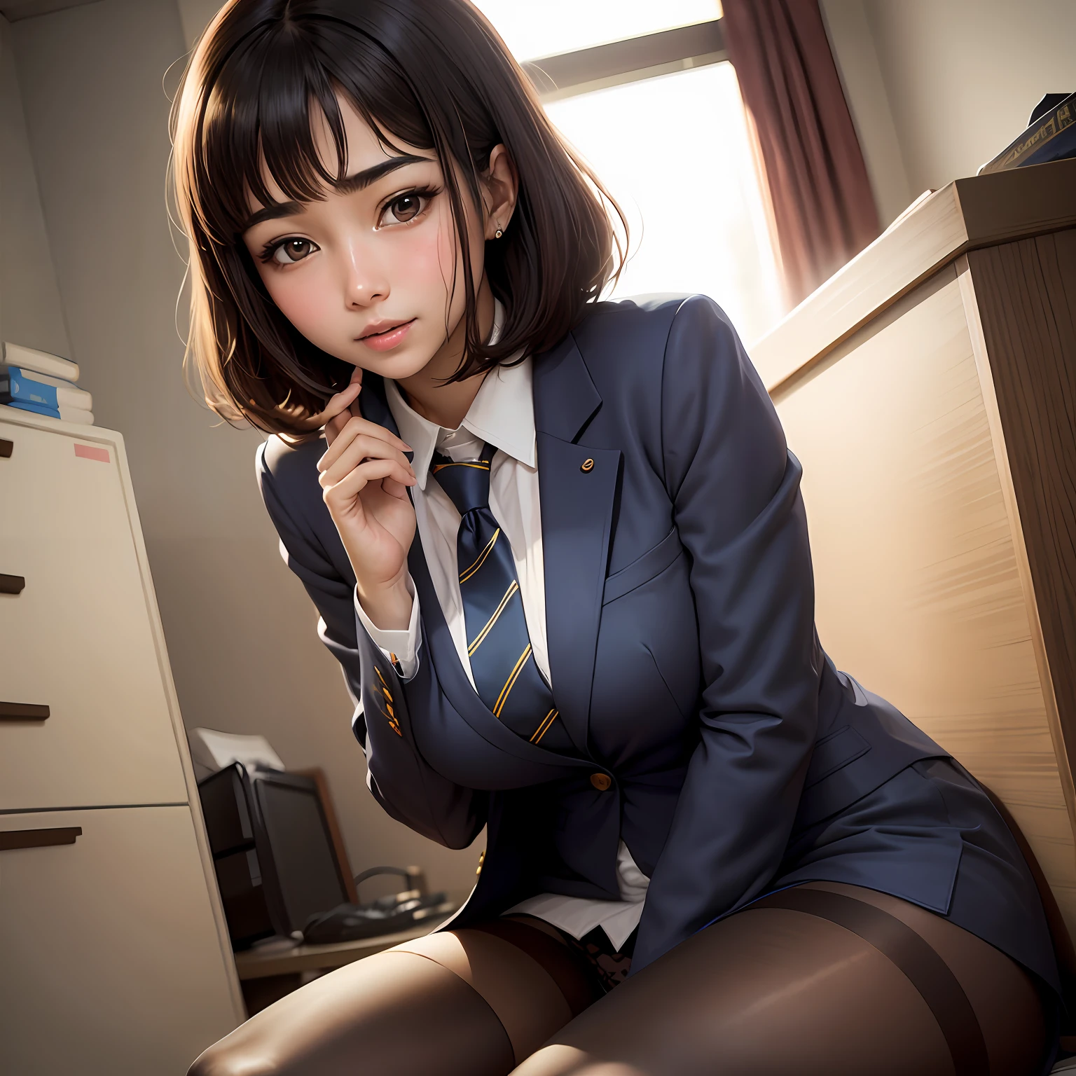 A Japanese Lady、20yr old、Human skin feel、Realistic Woman、OL、Wear a suit、Stockings、ty、s Office、Solo Shot、short-cut、Blushing cheeks、embarassed expression、Clean double eyelids、elegent