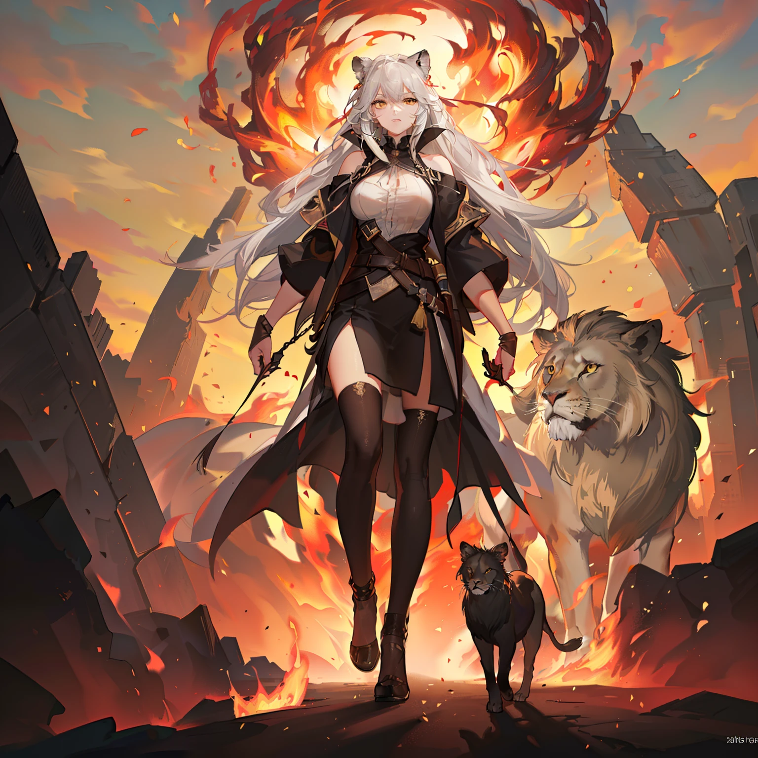 a lion,Covered in fire,Walking mightily on the prairie