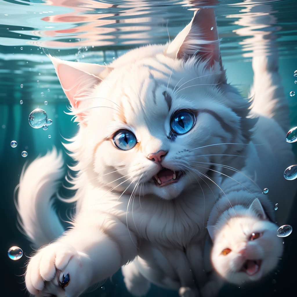 Ragdoll cat, MG mao, Exquisite visuals, hight resolution, Masterpieces, Fish, whiskers, Blue eyes, No humans, animal focus, Open mouth, Looking at Viewer, White cat, under the water, Bubble, Solo, Swimming, goldfish, under the water,