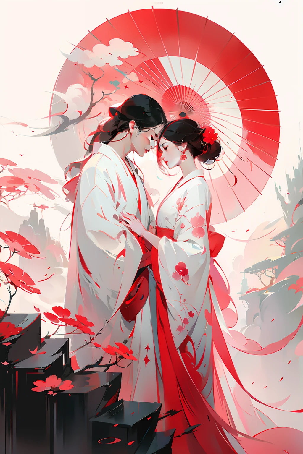 anime couple in kimono dress, nice face, perfect body, kissing under umbrellas in front of red and white background, guweiz on pixiv artstation, guweiz, krenz cushart and wenjun lin, guweiz on artstation pixiv, artwork in the style of guweiz, flowing white robes, ross tran and bayard wu, onmyoji detailed art