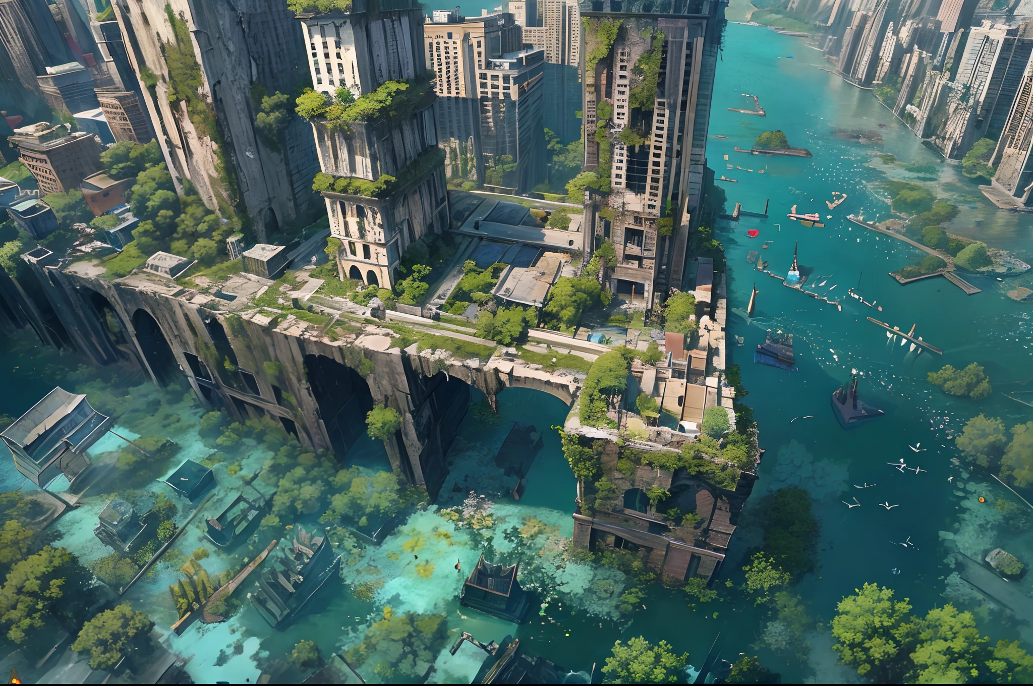 (best quality), (masterpiece), (photorealistic), (realistic), very detailed, unity 8k wallpaper, very detailed CG, ray tracking, sharp shadows, great detail, depth of field, super detailed background, crumbling civilization, submerged metropolis, green swallowed and decaying city, submerged and collapsed metropolis, broken landmark tower in the middle, no electricity, bird paradise, plant life, mossy, crystal clear water, calm water, wide blue sky, flowing clouds, underwater cityscape, ruined city