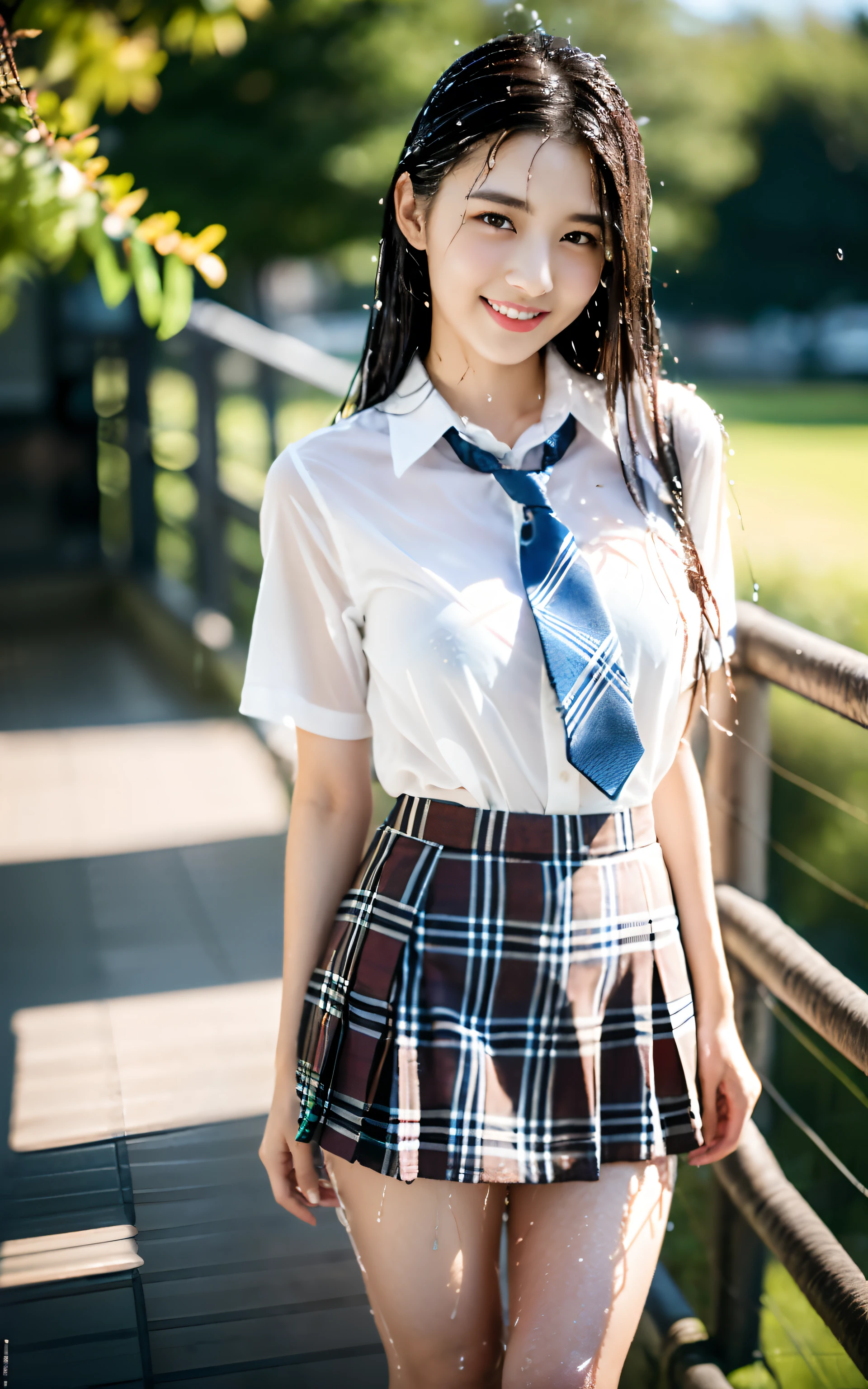 the Extremely Detailed CG Unity 8K Wallpapers、top-quality、ultra-detailliert、masterpiece、realisitic、Photo Real、extremely detailed cute girl、18year old、(High school student in Japan uniform)、red blush、cparted lips、looking at the viewers、Semi-body shot、(Scenery of the rainy season)、(Japan high school uniform and designated shoes)、(short plaid skirt:1.5)、(Short sleeve white shirt for students)、 (neck tie:1.2)、(light brown random hair)、(beauitful face:1.3)、(perfectly proportions:1.2)、(Long feet:1.2)、(small tits:1.3)、(Textured skin)、Looks Back、over the shoulder view、focused shot、((Blouse wet from rain、The brusher can see through))、(The bra on the back shows through)、smirk grin、((wetting hair、wetted skin))、((The upper part of the body))、Angle from above、(Wet white panties:1.5)