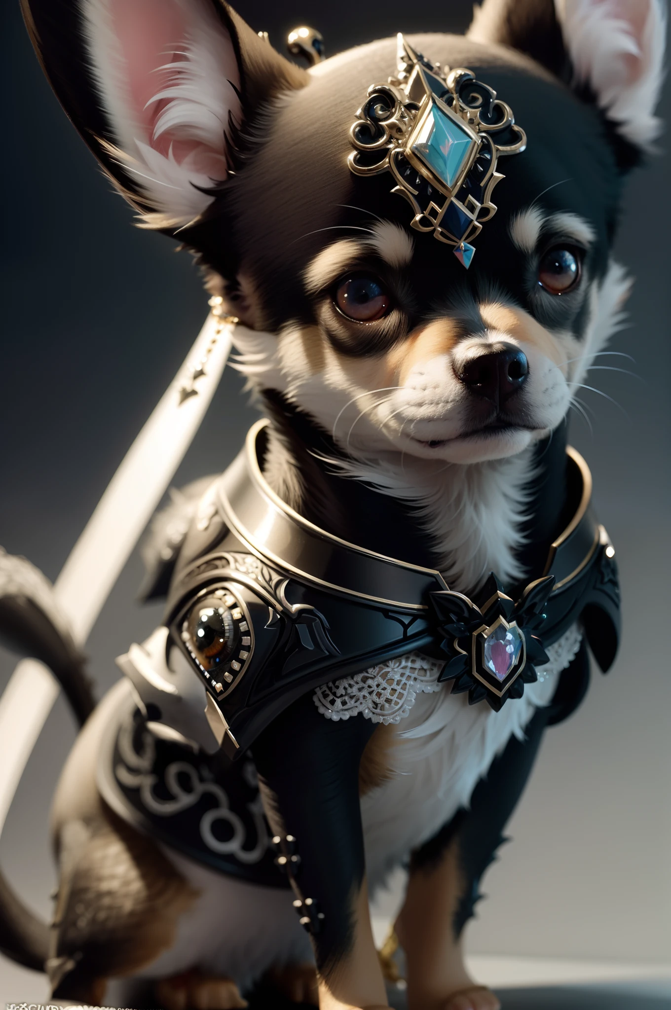A bushy Chihuahua with black tan and large white eyes around the nose in a bejeweled collared lace costume, super detailed fantasy characters, Adorable Digital Painting, cute detailed digital art, intricate wlop, very detailed character, super detailed render, 3 d render character art 8 k, Stunning character art, [ Trending on CGSociety ]!!, style of wlop, Isometric 3D Fantasy Cute Dog