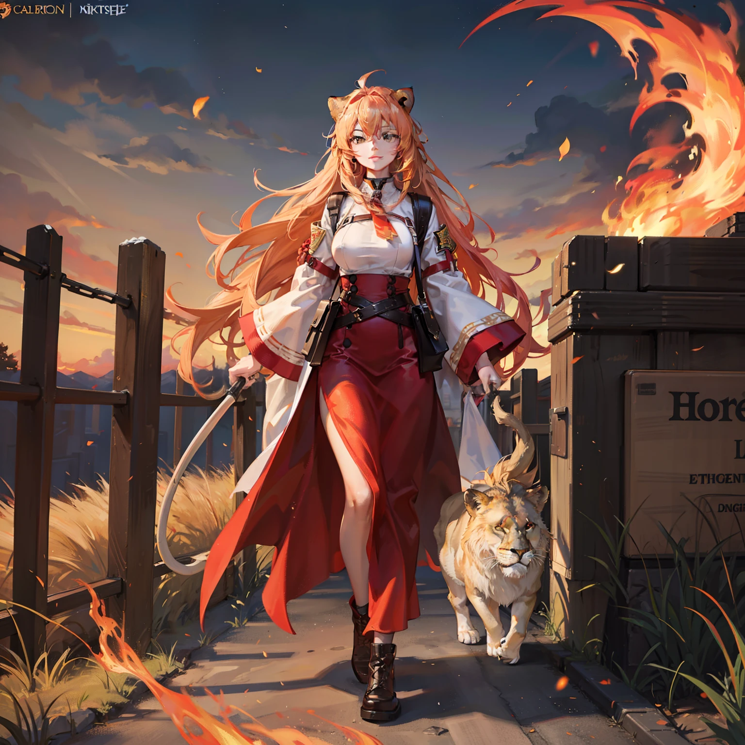 a lion,Covered in fire,Walking mightily on the prairie