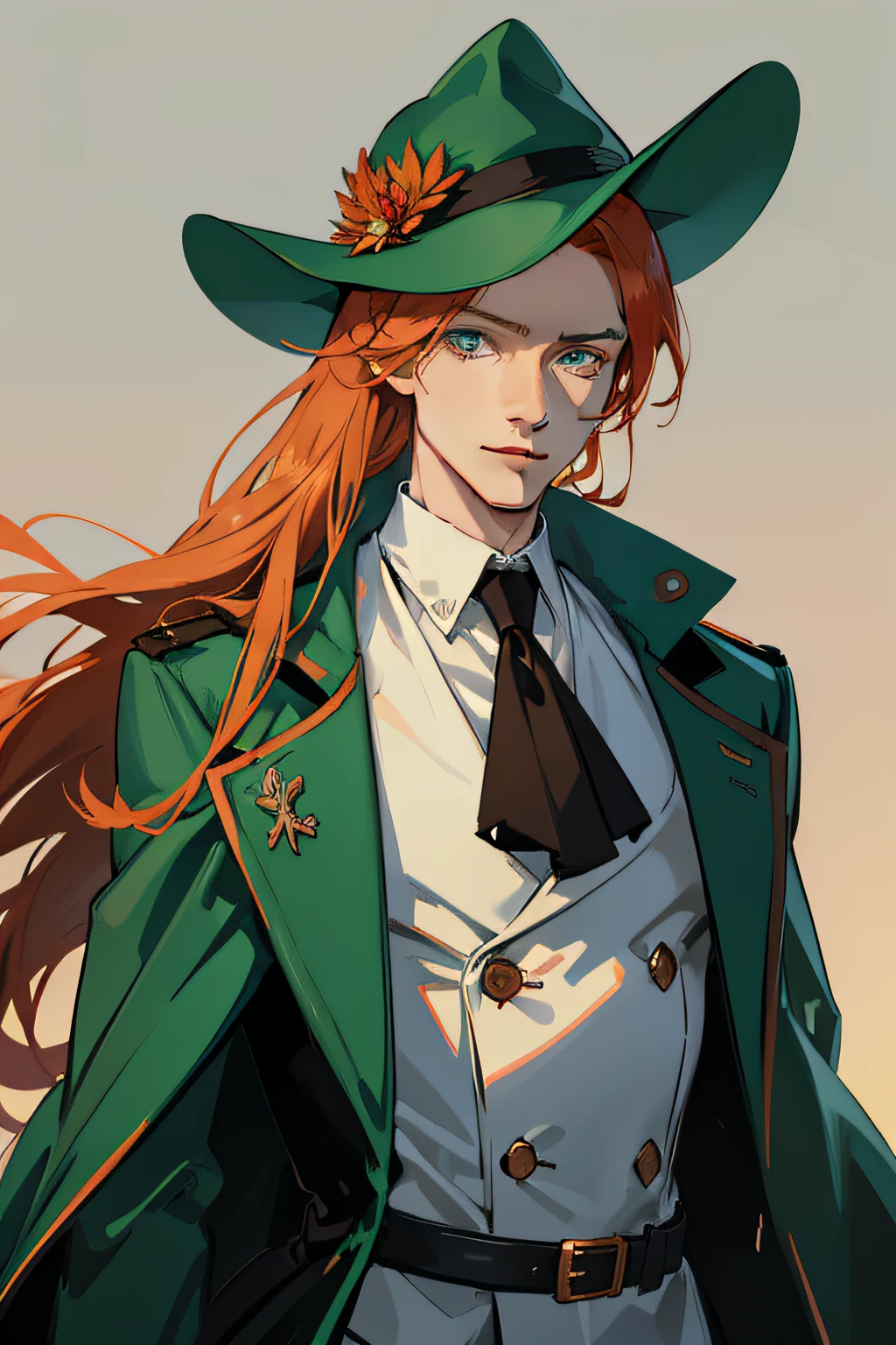 ember, A young, hairlong, Copper hair, green colored eyes, attractive smile, Stylish trench coat, Tall stature, Slender figure, Modern Guy, portraite of a, up close, narrow eyes, higly detailed, without glasses
