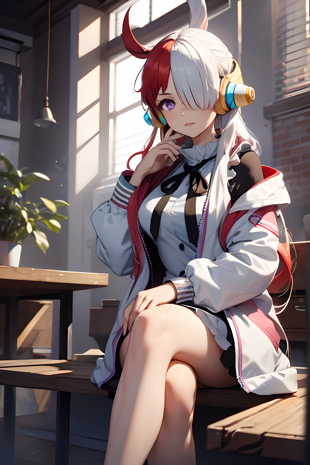 masterpiece, best quality, highres, 1girl, split-color hair, hair over one eye, red hair, multicolored hair, long hair, purple eyes, two-tone hair, hair rings, white dress, headphones, white hair, black ribbon, bangs, very long hair, medium breasts, long sleeeves, open jacket, standing, sitting, crossed legs, indoors,