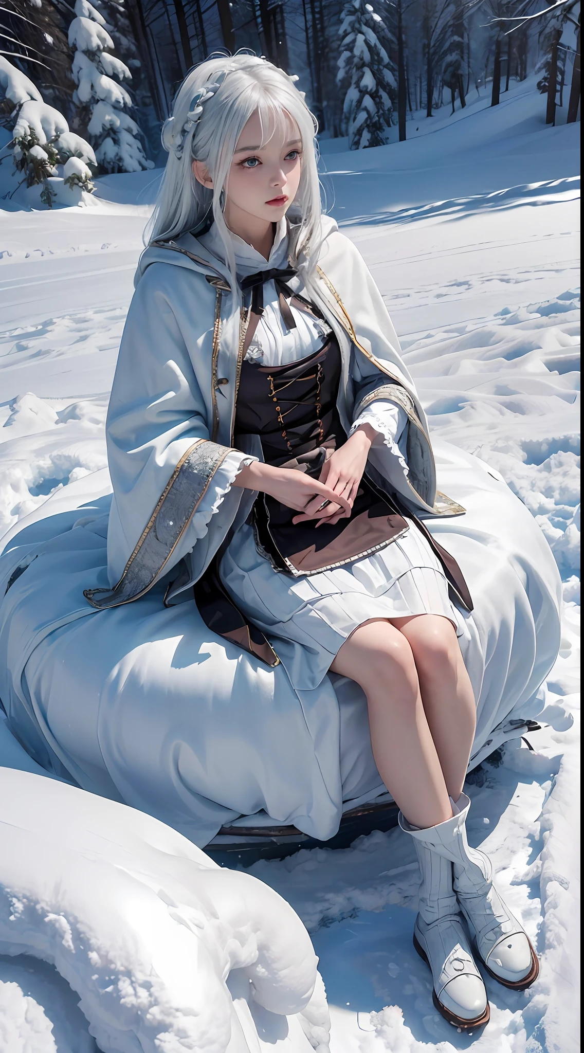 (8K, RAW photo, Photorealistic:1.4), high resolution, 1 Women, Solo,3D,Sitting,(ta costume),Wear a flowing skirt, Beautiful eyes, White hair, ringed eyes, (sitted,Cloak,Heavy snow),snowfield