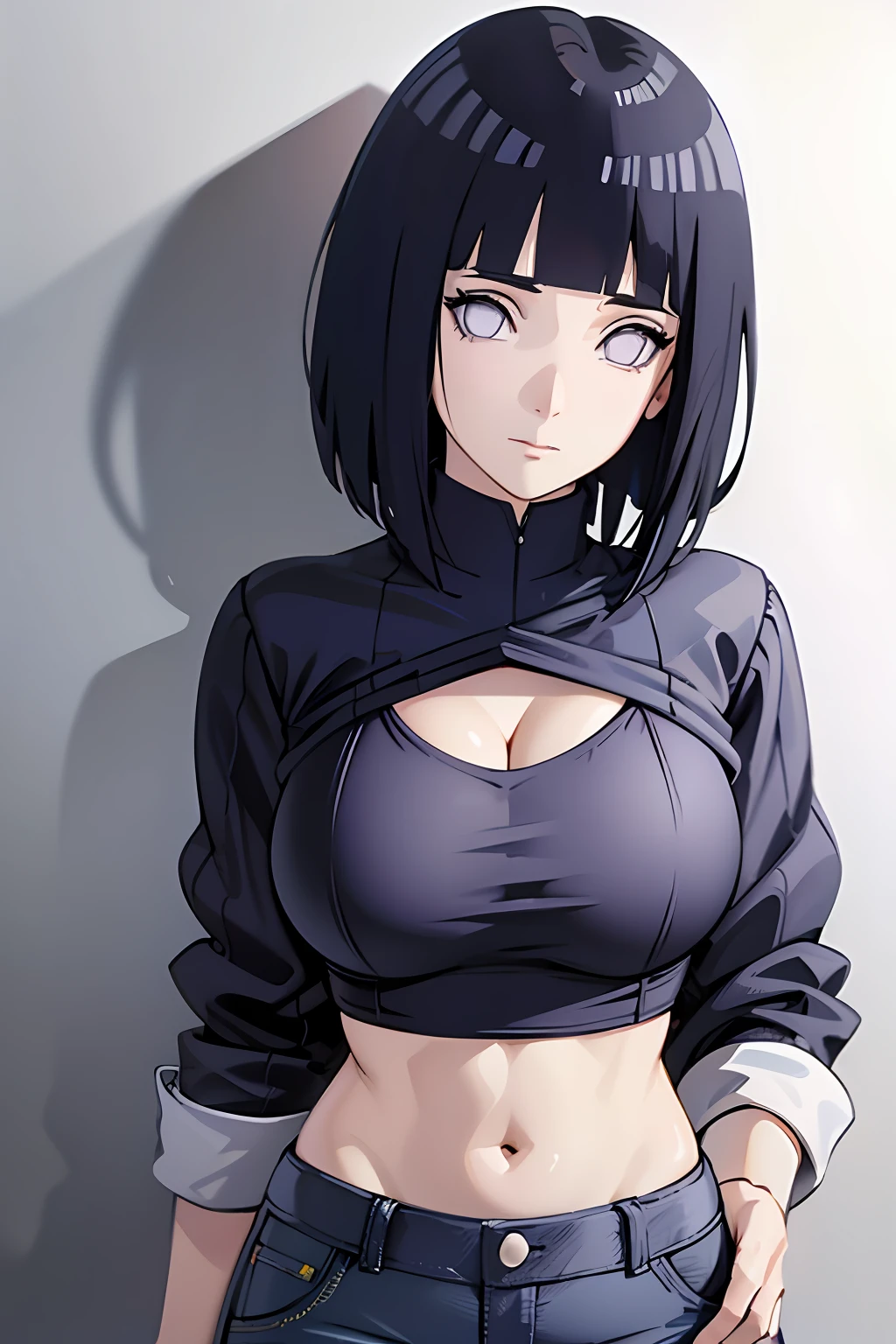 masterpiece, best quality, ((pure white background)), standing, (dark blue hair) ,cold face, full body, crop top, casual pants, (((Fashionable clothing))), happy, light effect, soft, super clear, high-definition picture, (front), purple eyes, blunt bangs, hinata/(boruto/), long hair,  large breast, cleavage