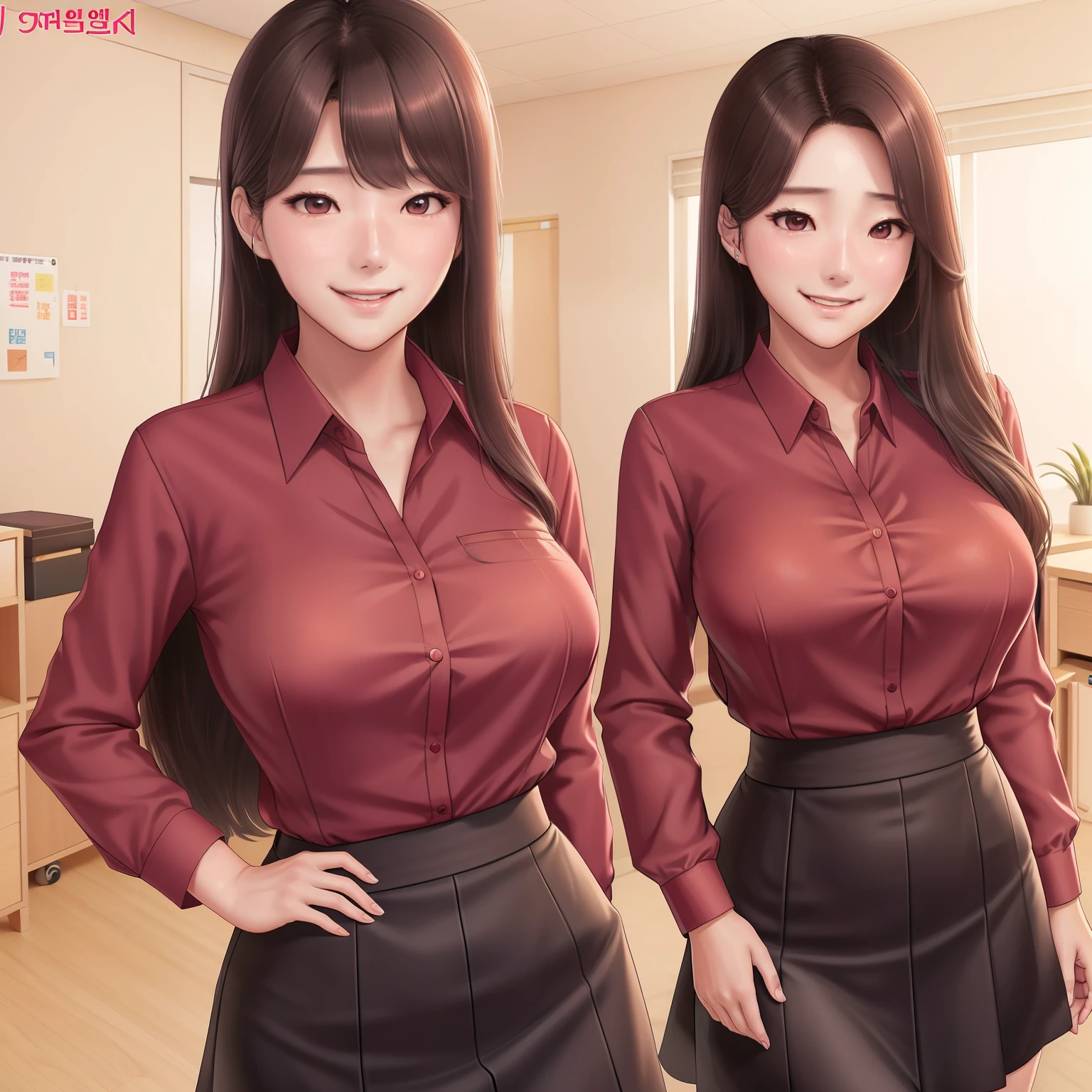 1girl,korean girl,office lady assistant, he tall,sexy pose office lady assistant,long ponytail wet brown hair,super big breast,(P cup),age 18,happy and smile detailed face,sexy office lady assistant long wet shirt, and skirt outfit,full body,red peach lips,standing and bring a book on my office,her nose and cheek was red ,