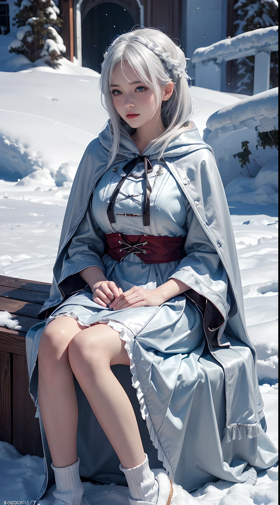 (8K, RAW photo, Photorealistic:1.4), high resolution, 1 Women, Solo,3D,Sitting,(ta costume),Wear a flowing skirt, Beautiful eyes, White hair, ringed eyes, (sitted,Cloak,Heavy snow),snowfield