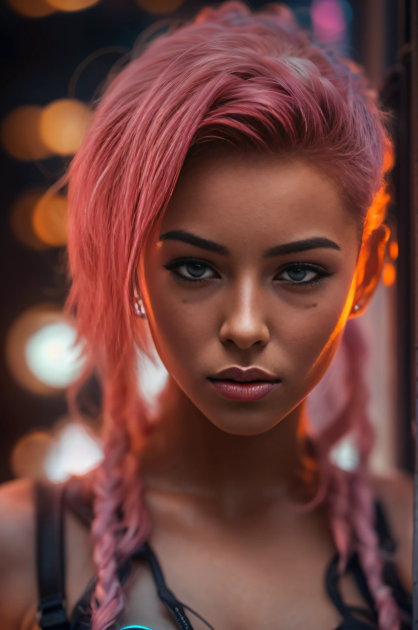 RAW photograph, masterpiece, photorealistic, beautiful young woman, beautiful eyes, pink hair in expressive style, high quality facial features, accurate facial features, topless, erotic black cyberpunk clothes, neon background (bokeh:1.2) (best quality) glowing golden skin (detailed skin:1.3) (intricate details) (8k) (HDR) (cinematic lighting) (sharp focus), erotic,