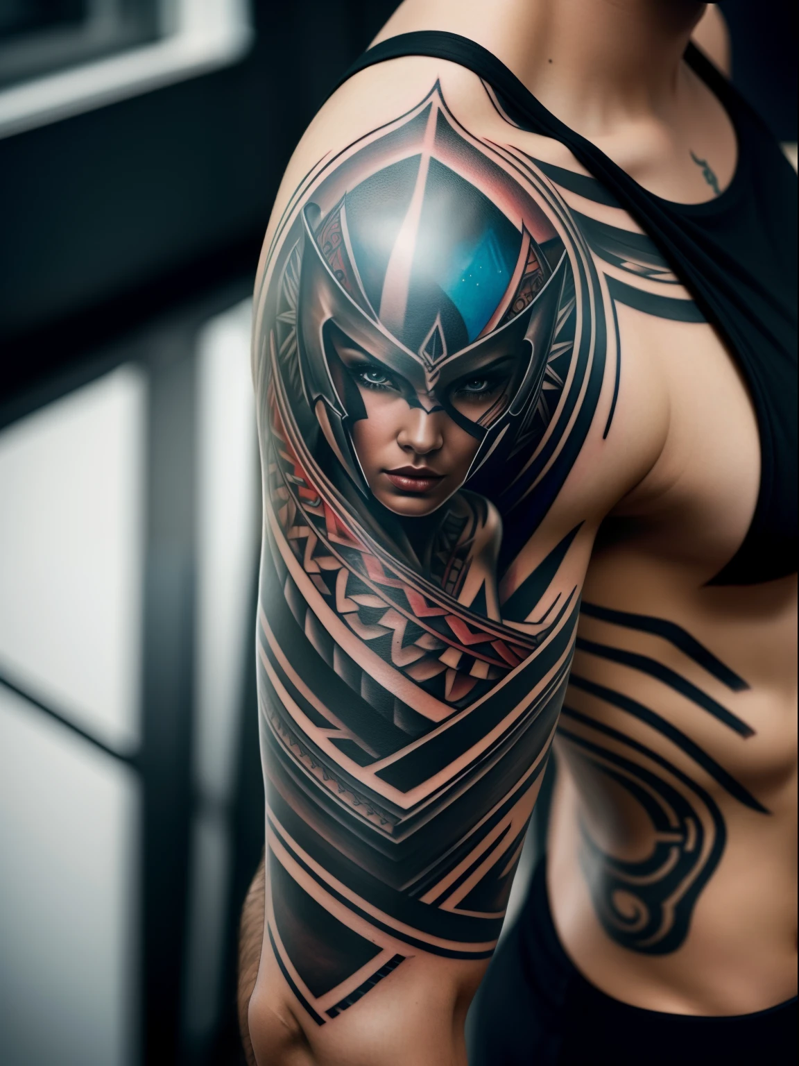 man, topless, muscular, arc reactor tattoo on his chest