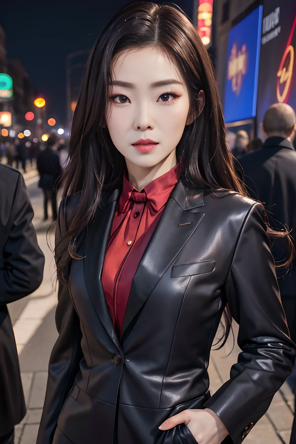 Portrait of an oriental woman,Full body photo,Fashion dressing model art,photographrealistic,动态照明,poster for,Volumetriclighting,Very detailed faces,4 k,Award-Awarded,,1girl,in the darkness nigth,deep shading,low tune,Cowboy photos,(formal outfit:1.4),long whitr hair,brunette color hair,streetview