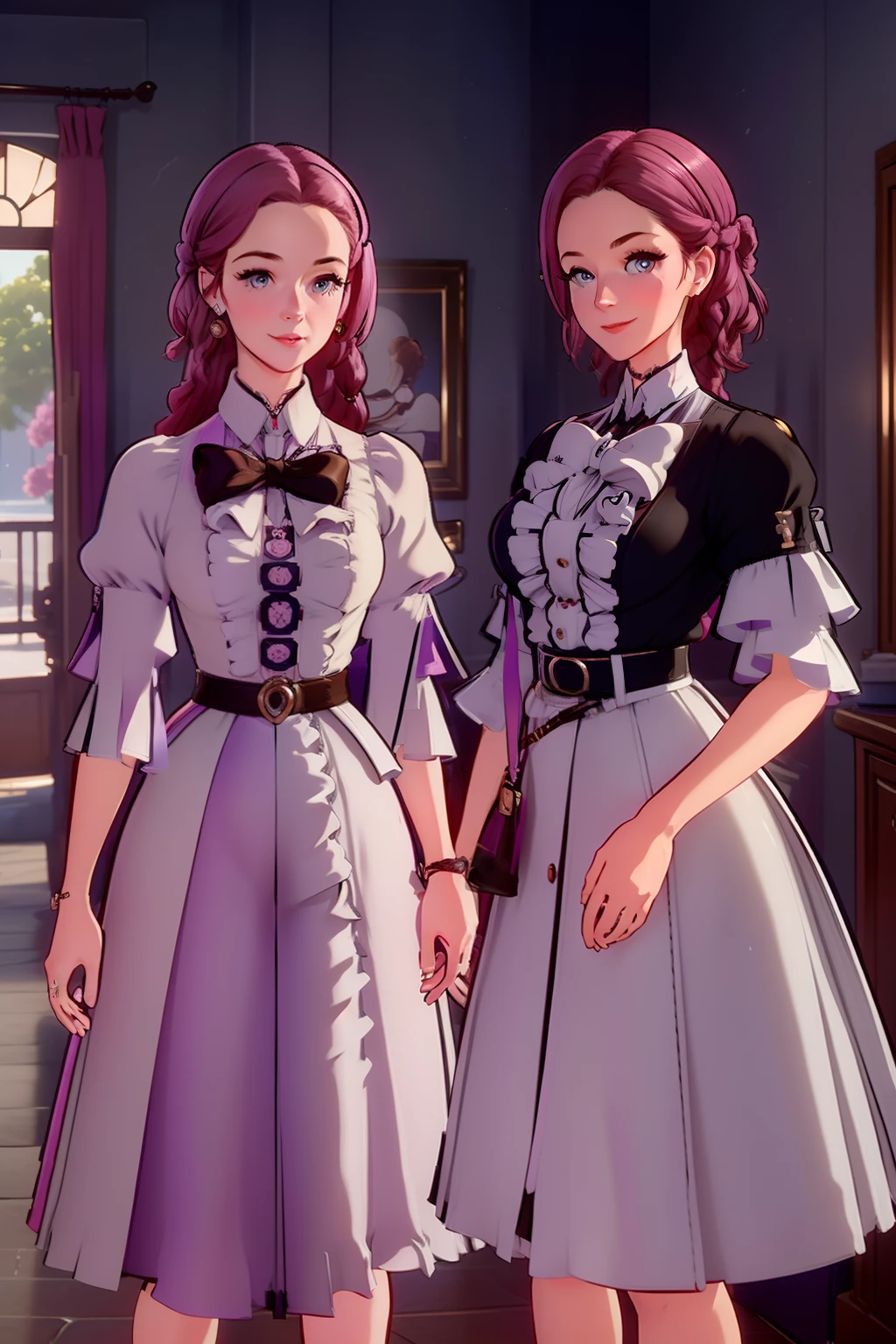 (best quality), (ultra-detailed), (high resolution), (intricate detail) for the group on the theme of housewife and tips, 2 woman, 1950s, 1950s women, 2 women, styled hair, bow blouse, high waisted skirt with petticoats, shy smile, (detailed and beautiful face and eyes), indoors, house, tea party,