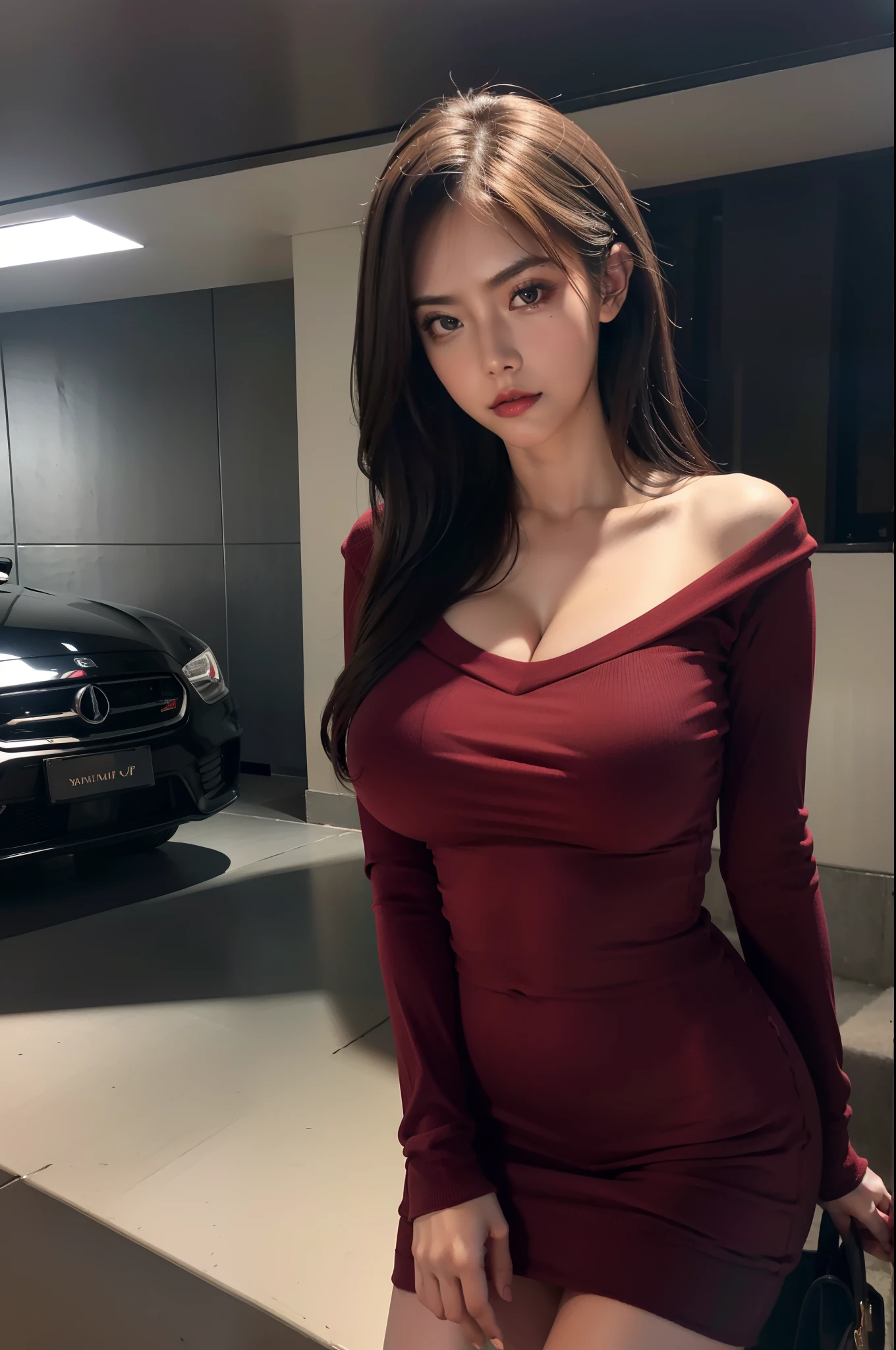 (Extremely detailed, underground parking, fine, slightly fat, busty, big breasts, big breasts, M cups, sexy, red crewneck dress, conservative, refined face, large aperture)