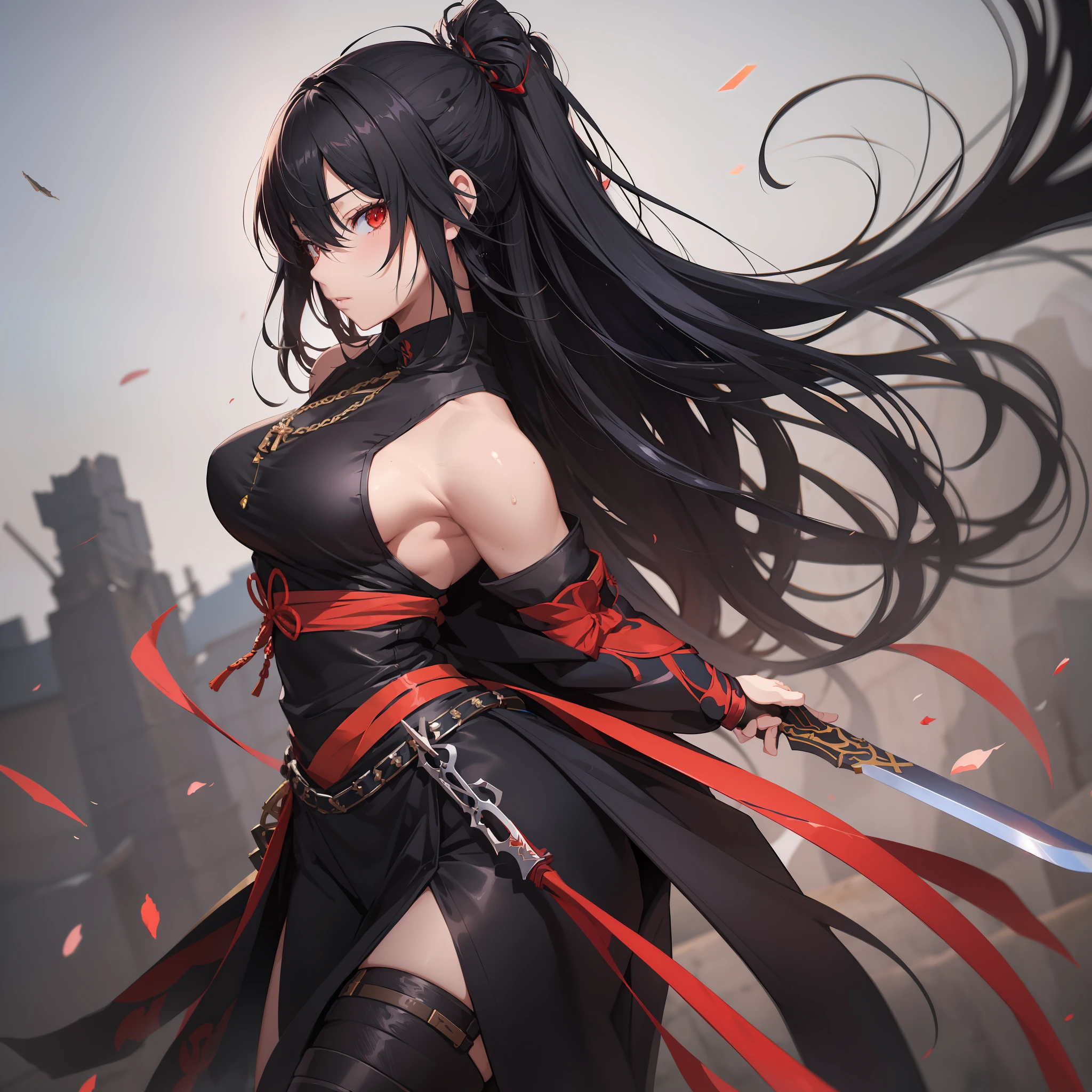 Anime girl with long black hair and red ribbon holding a sword, badass anime 8 K, by Yang J, very detailed Artgerm, artgerm and atey ghailan, female action anime girl, Portrait of a female anime hero, ArtGerm on ArtStation Pixiv, cushart krenz key art feminine, keqing from genshin impact