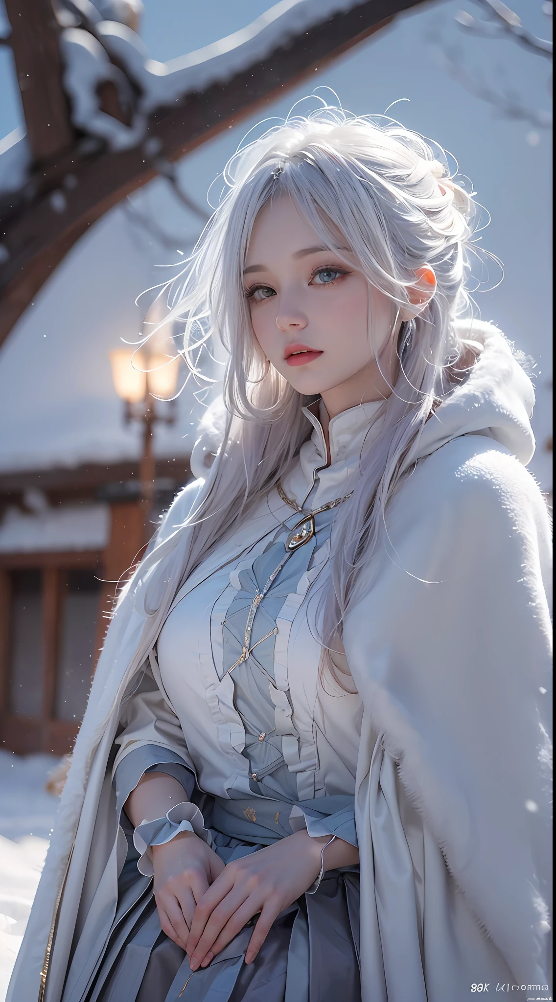 (8K, RAW photo, Photorealistic:1.4), high resolution, 1 Women, Solo,3D,Sitting,(ta costume),Wear a flowing skirt, Beautiful eyes, White hair, ringed eyes, (sitted,Cloak,Heavy snow),snowfield