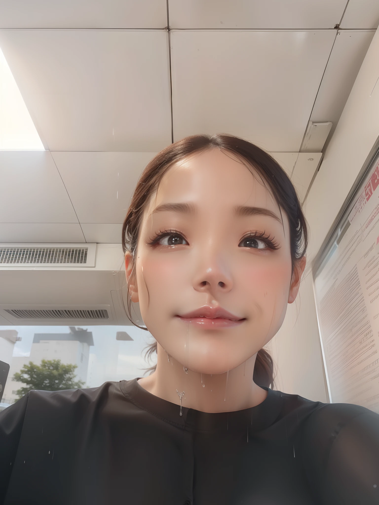 ((Best quality, 8k, Masterpiece: 1.3)), Sharp focus: 1.2, A beautiful woman with perfect body: 1.4, Slim abdomen: 1.2, ((Layered haircut, Large breasts: 1.2)), (no bra) (Small and beautiful hard nipple) (Thin and damp button up to shirt length: 1.1), (White shirt wet by rain), (Rain, Street: 1.2), Wet body: 1.1, Highly detailed face and skin texture,  Detailed eyes, Double eyelid, tanned skin, sexy, tan