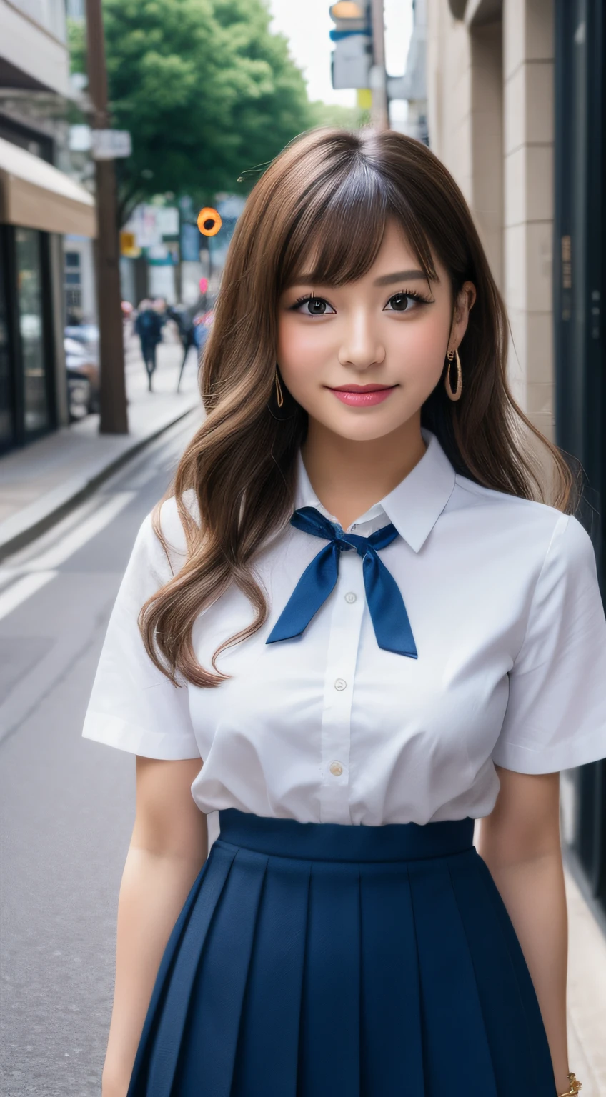 Arafed asian woman in a white shirt and blue skirt - SeaArt AI
