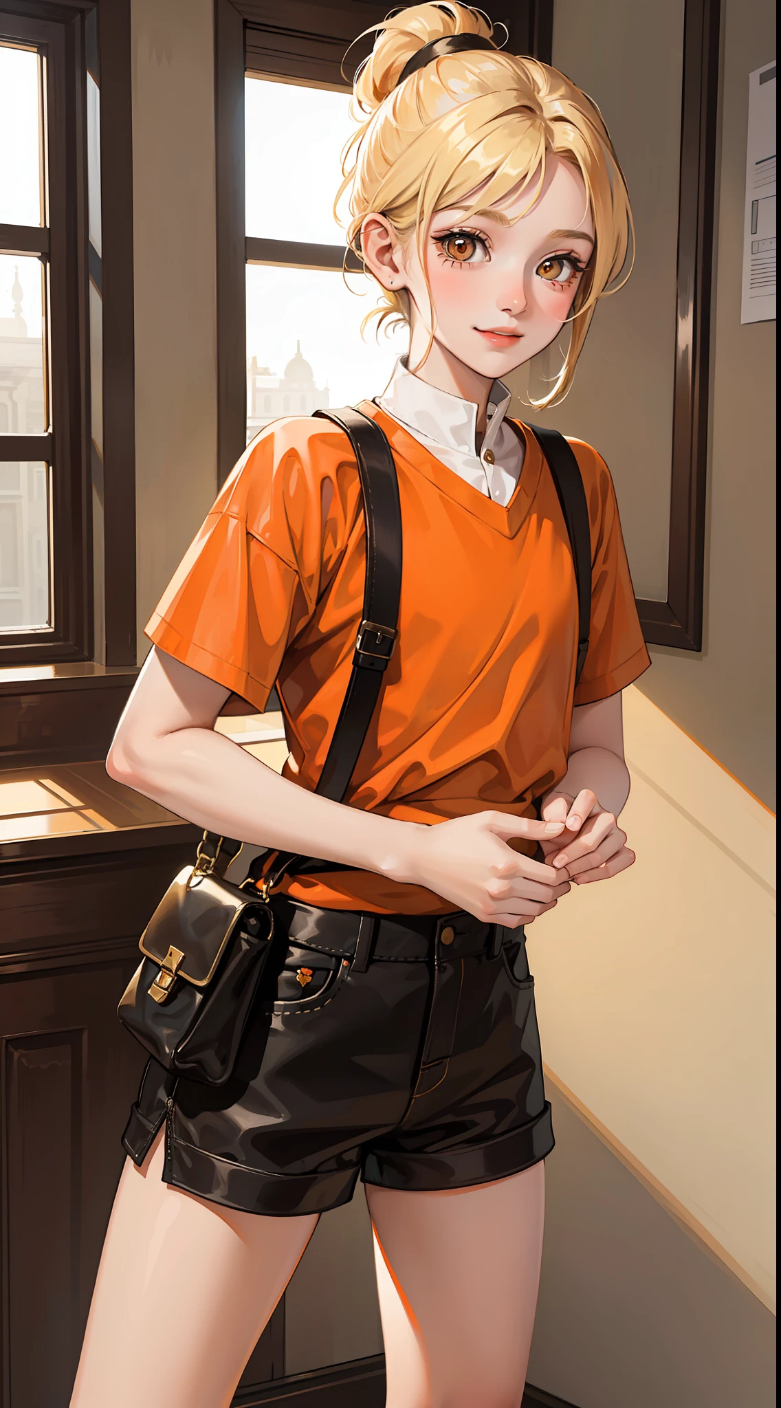 little boy, short blonde hair, high ponytail, Orange Eyes, Smile, Aristocrat's shirt, Shorts, Masterpiece, hiquality