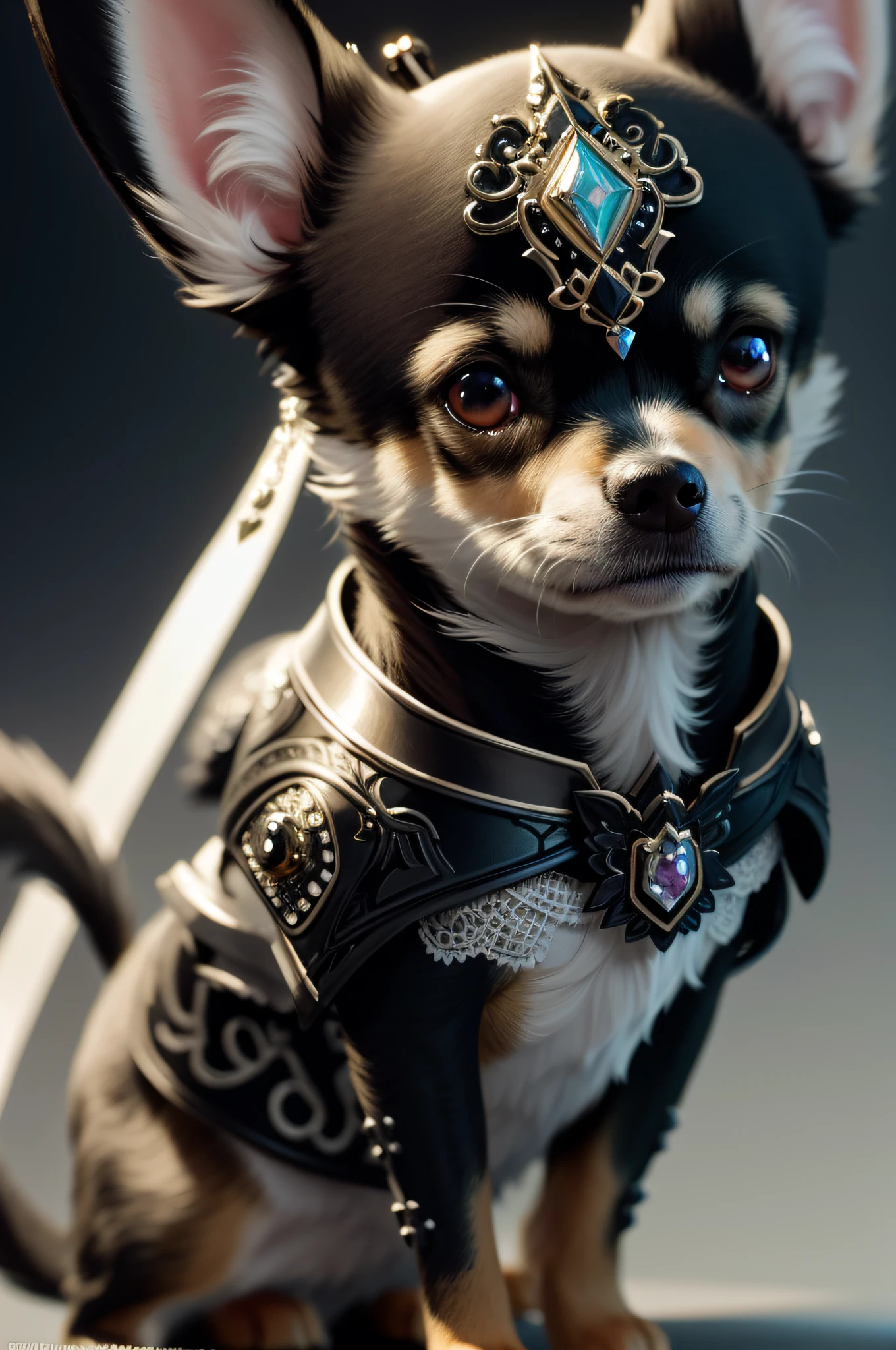 A bushy Chihuahua with black tan and large white eyes around the nose in a bejeweled collared lace costume, super detailed fantasy characters, Adorable Digital Painting, cute detailed digital art, intricate wlop, very detailed character, super detailed render, 3 d render character art 8 k, Stunning character art, [ Trending on CGSociety ]!!, style of wlop, Isometric 3D Fantasy Cute Dog