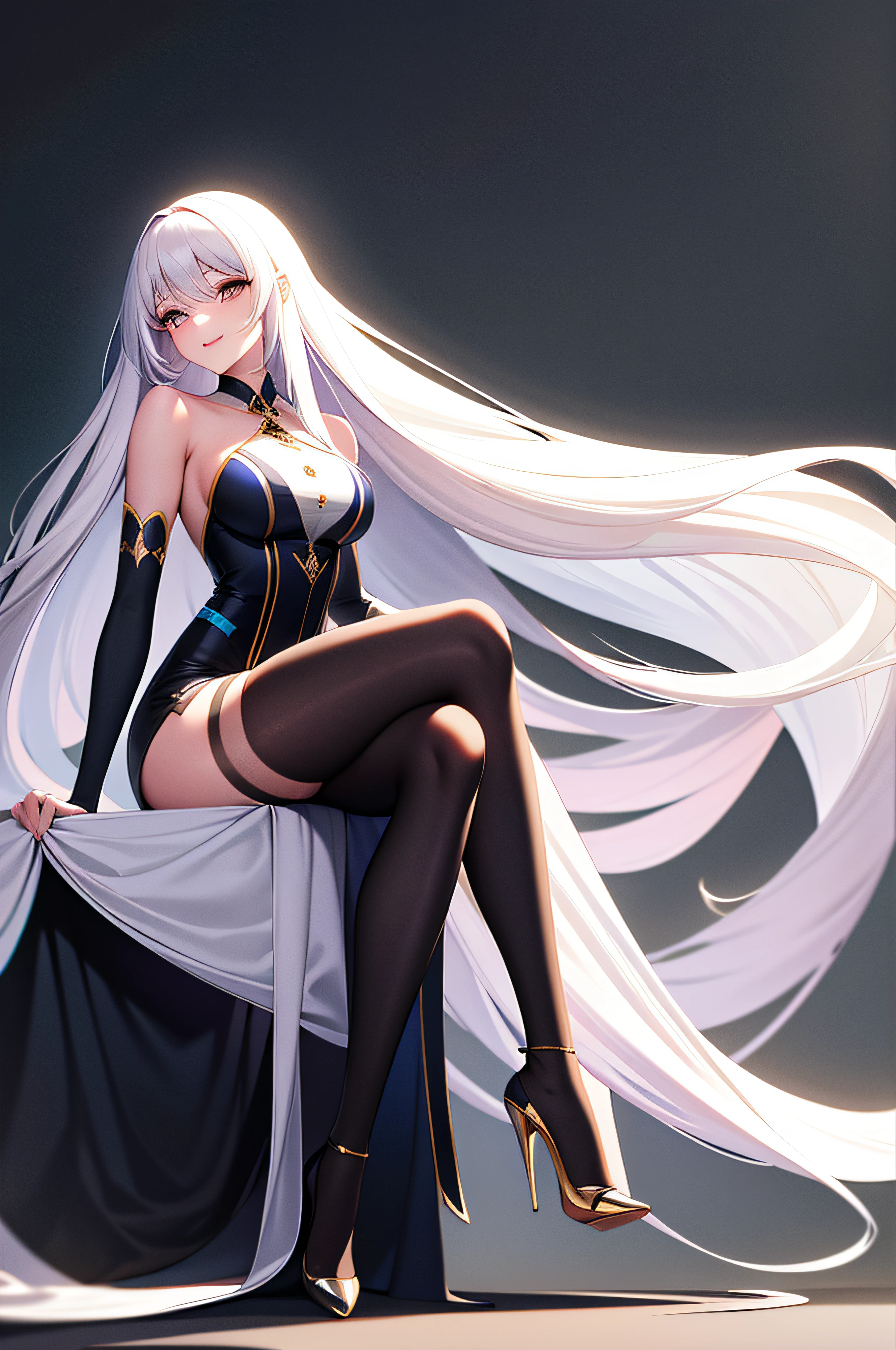 A beauty,long whitr hair,Sit Pose,Full body like,black lence stockings,high-heels,Graceful figure,ssmile,