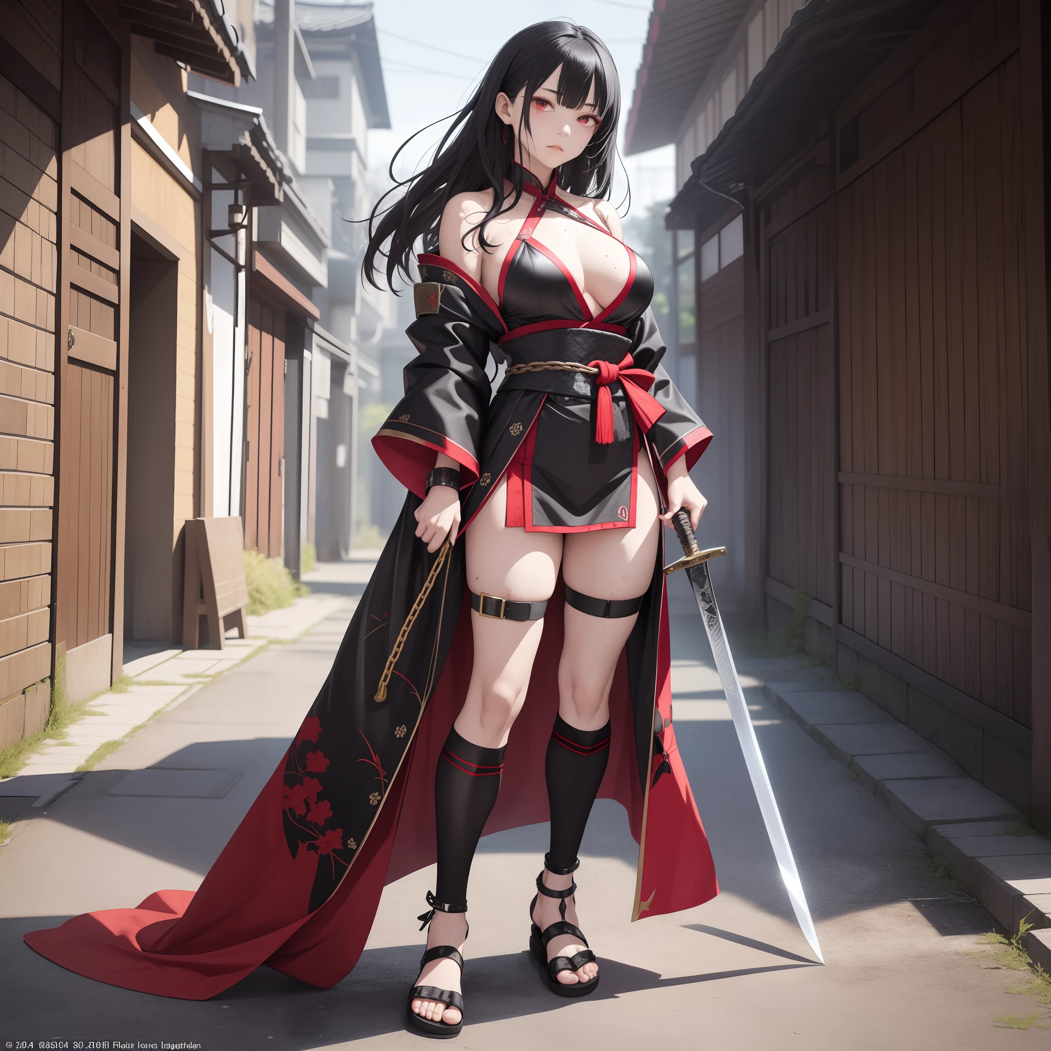 (garments)
• Crimson Combat Kimono
• Black belts and sachets
•chain mail
• Black tabi socks and sandals
• Japan sword at the waist
• Leather back on wrist
(Physical features):
・Breasts are normal、woman
• Tall stature、muscularity
• Sharp slit eye
• Sunburned skin blemishes and bruises
• Flowing black hair、Bundling at a lower position