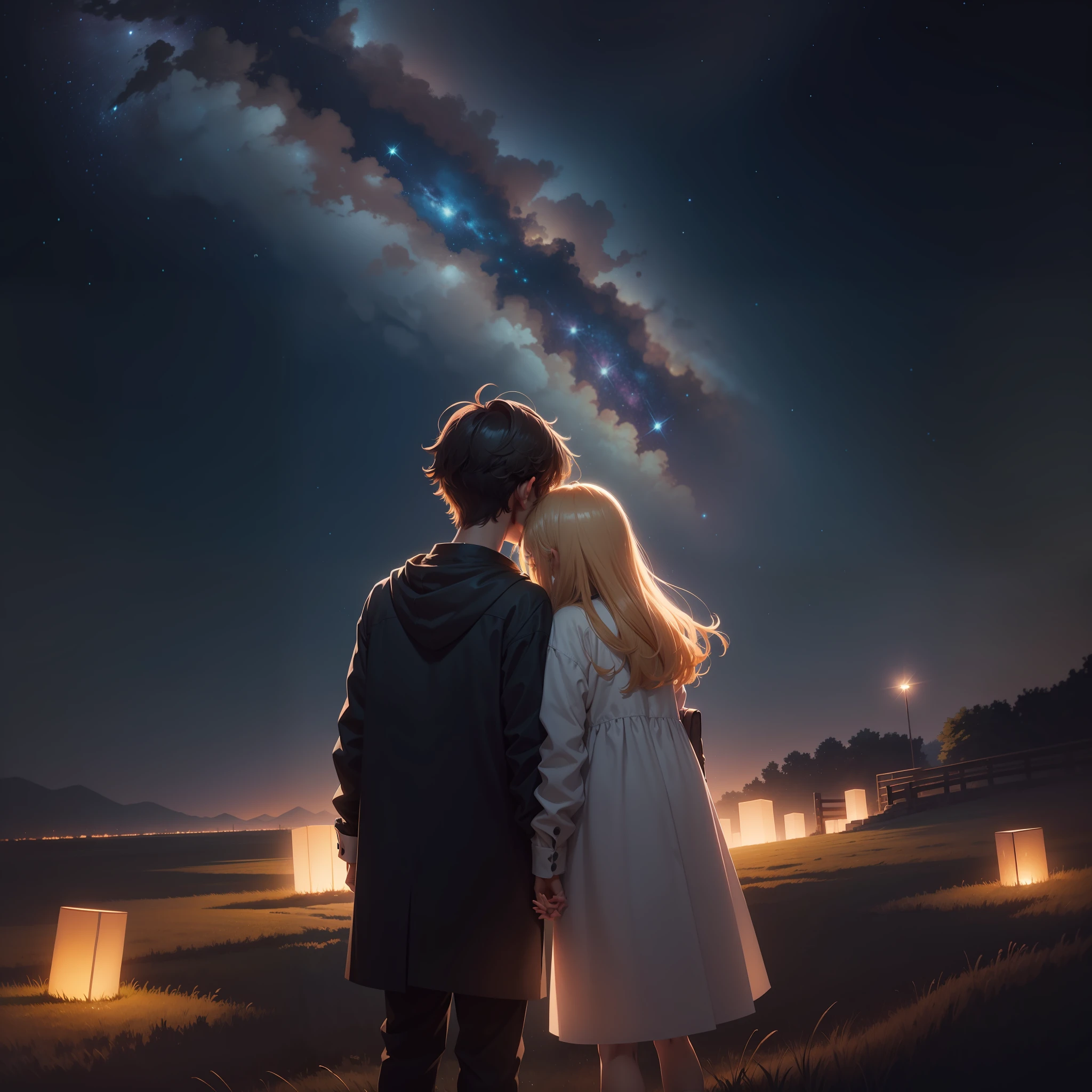 Starry Night Sky，There is a golden wheat field，Wheat swells，There are countless Kongming lanterns in the sky，Incredibly beautiful，It's like art，The background is the endless universe，The sky of the universe。By Makoto Shinkai，Starry Sky 8 K，calm evening。digital illustrations， Anime background art， 4k anime wallpapers， beautiful anime scenes， starrysky， moonlit starry sky environment， Anime art wallpaper 8 K， Anime art wallpaper 4k， boy and littlesiluette，