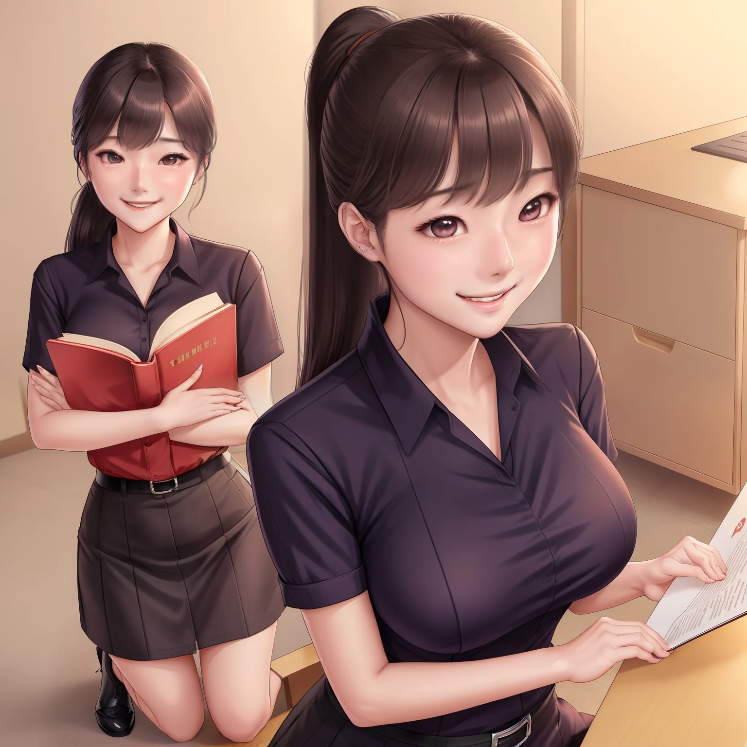 1girl,korean girl,office lady assistant, he tall,sexy pose office lady assistant,long ponytail wet brown hair,super big breast,(P cup),age 20,happy and smile detailed face,sexy office lady assistant long wet shirt, and skirt outfit,full body,red peach lips,squatting and bring a book on my office,her nose and cheek was red ,