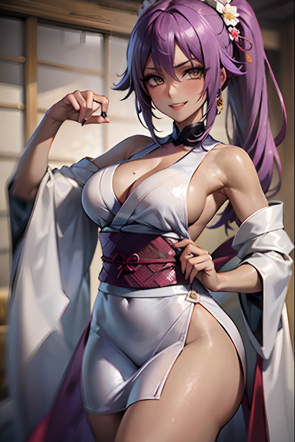 Yoruichi shihouin, dark skin, 1girl, solo, kimono, ,  breasts, cleveage,  hair between eyes, large breasts, long hair, looking at viewer, purple hair, pony tail, solo, thighs, long hair, ((masterpiece)), , soul society,sinigami dress, kimono, standing, , blush, shy, smile, show teeth, detailed hand, beautifull finger,