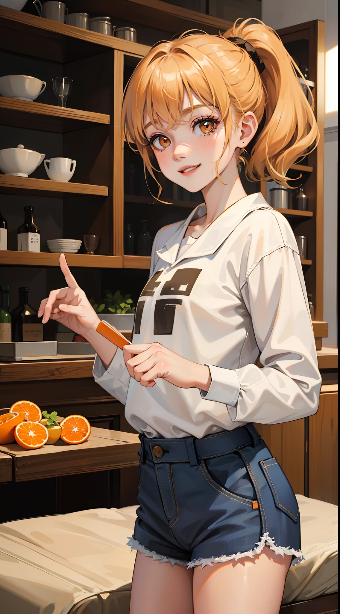 little boy, short blonde hair, high ponytail, Orange Eyes, Smile, Aristocrat's shirt, Shorts, Masterpiece, hiquality