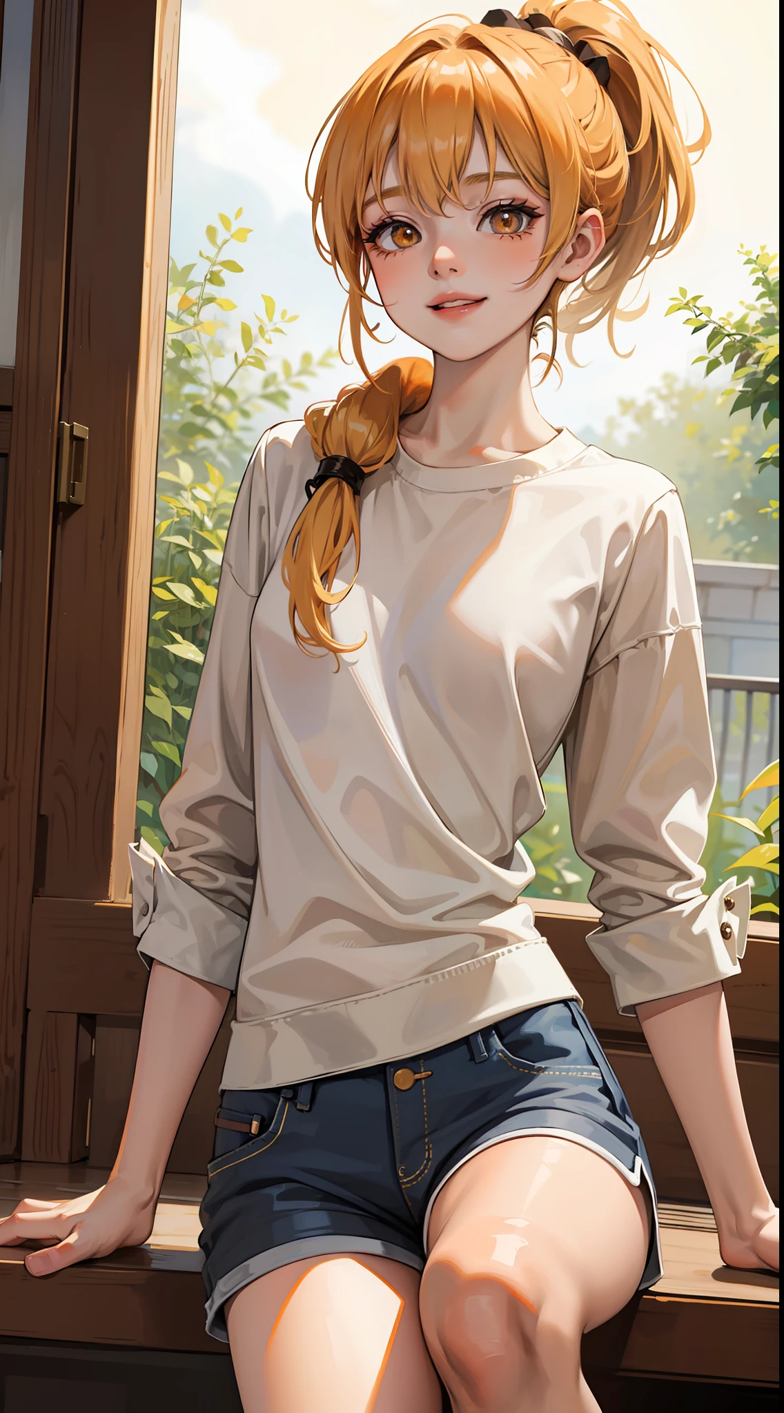 , short blonde hair, high ponytail, Orange Eyes, Smile, Aristocrat's shirt, Shorts, Masterpiece, hiquality