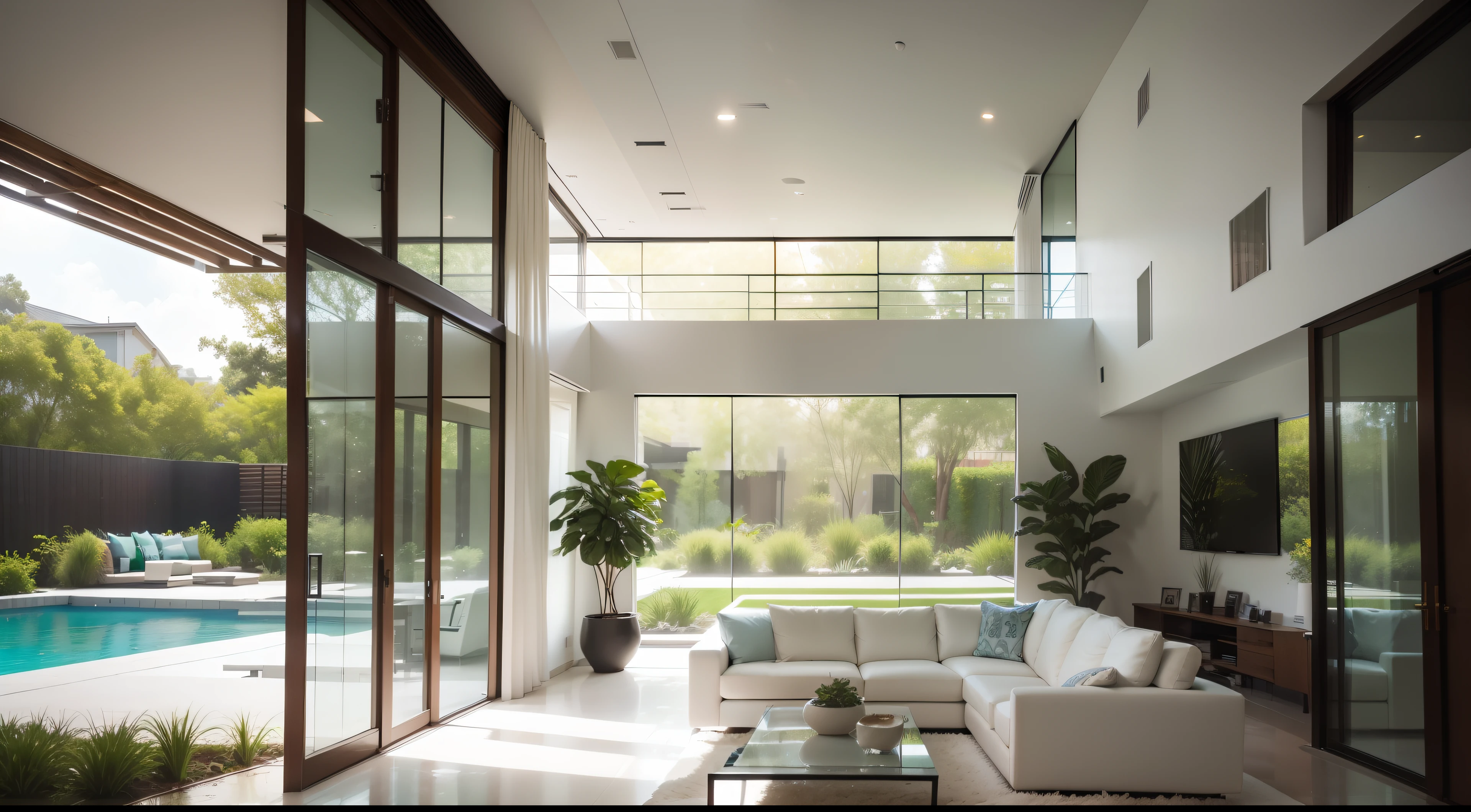 Portrays a contemporary white interior seamlessly merging with a lush backyard oasis. Highlight the expansive glass windows that invite the beauty of nature indoors, forming a harmonious connection between the interior and the outdoor landscape.