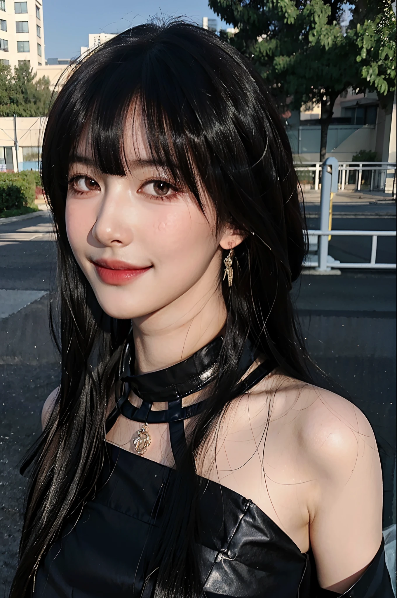 best quality, natural light, masterpiece, 1 girl, perfectly beautiful face, (photo photo:1.3), edge lighting, photography lighting, (high detail skin:1.2), 8k ultra hd, dslr, high quality, high resolution, White skin, skin with delicate texture, 3/4 bodies in a frame, sexy pose, cute smiling face, keep one's lips tightly shut, perfect proportions의 얼굴, symmetrical face, Eye-Level Shot, 4K, 8k, bokeh, absurd, Best Proportion Four Fingers and One Thumb, (realistic:1.3), beautiful detailed girl, cute 1girl, dark brown hair, long hair, forehead, volume hair, joint breast, voluptuous breasts, breast protrusion, slim waist, slim, small thighs, perfect proportions, outdoor night background, detailed background, tree, night lights, ,briar, black clothes, Side slit, gold crochet headband