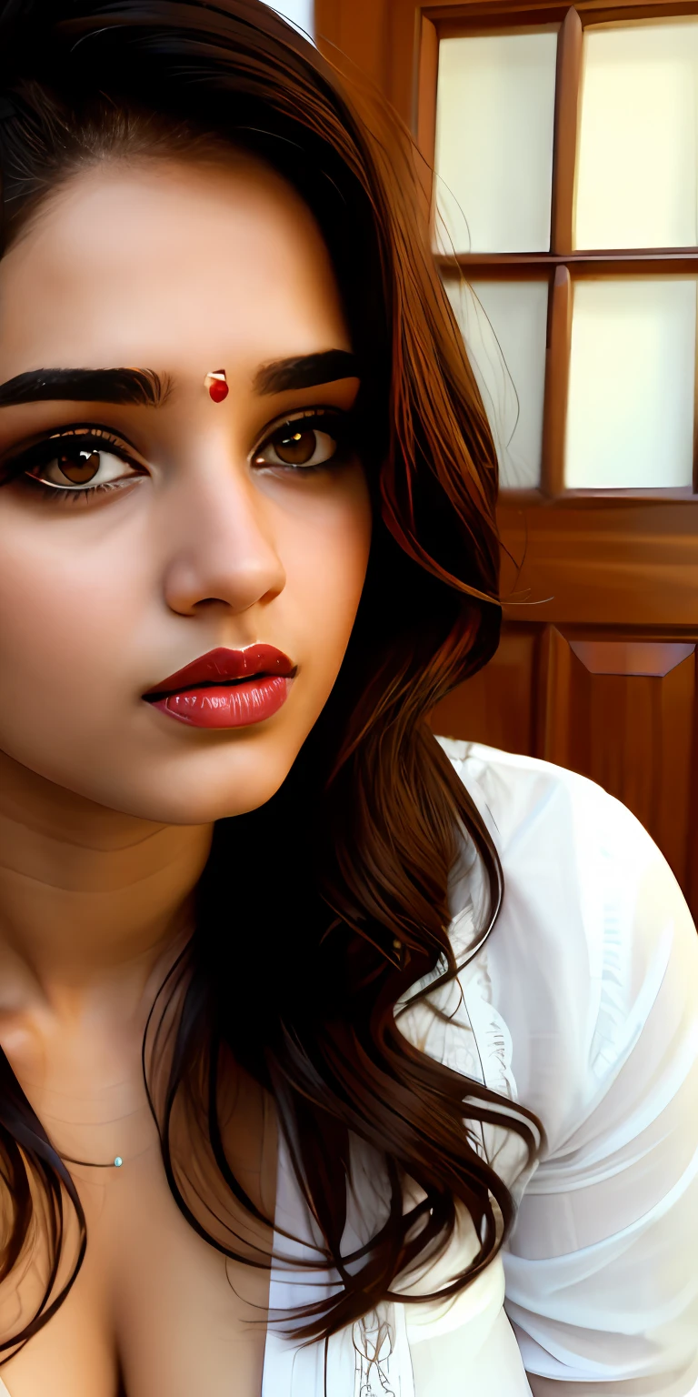 ((beautiful)+(attractive:0.9)+(sensual:0.8)) white indian women ((nerd:0.8)+(lovely)+(clean skin)) with hazel eyes and red lips. Medium brown hair, ((intense eyes))