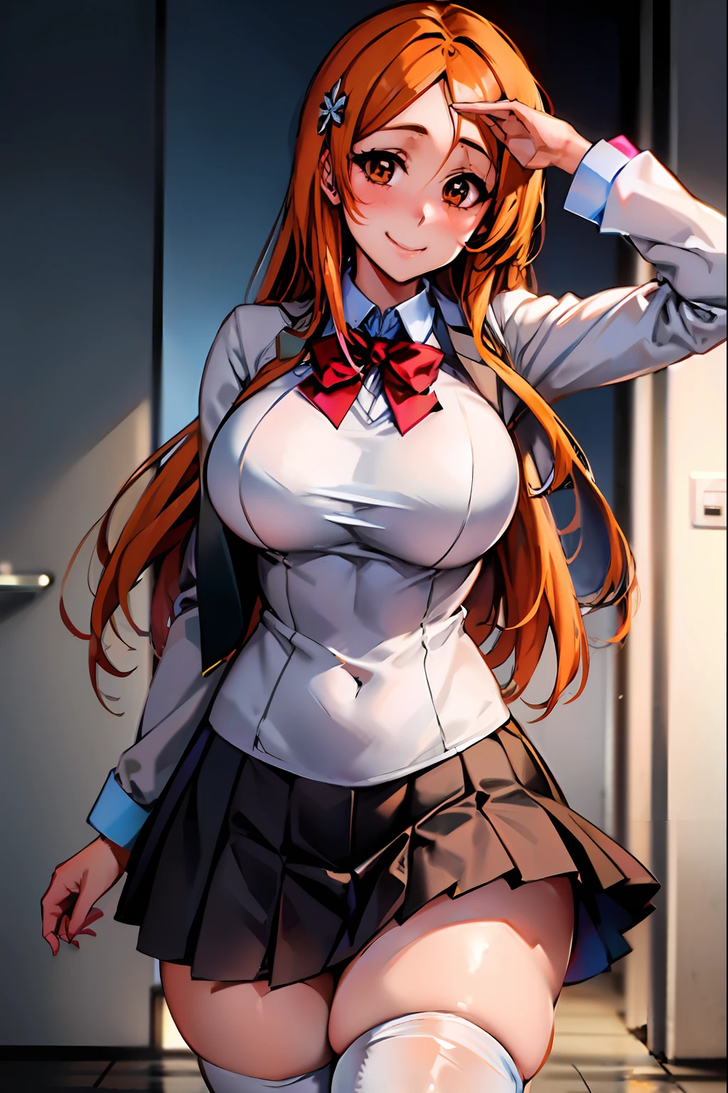 Orihime inoue, bleach, 1girl, solo, school dress,skirt, Halloween Grey,hair between eyes, long hair, hair ornament, looking at viewer, messy hair,  orange hair, solo, thighhighs, thighs, long hair, ((masterpiece)), standing, sexy pose, blush, shy, smile, closes mouth,