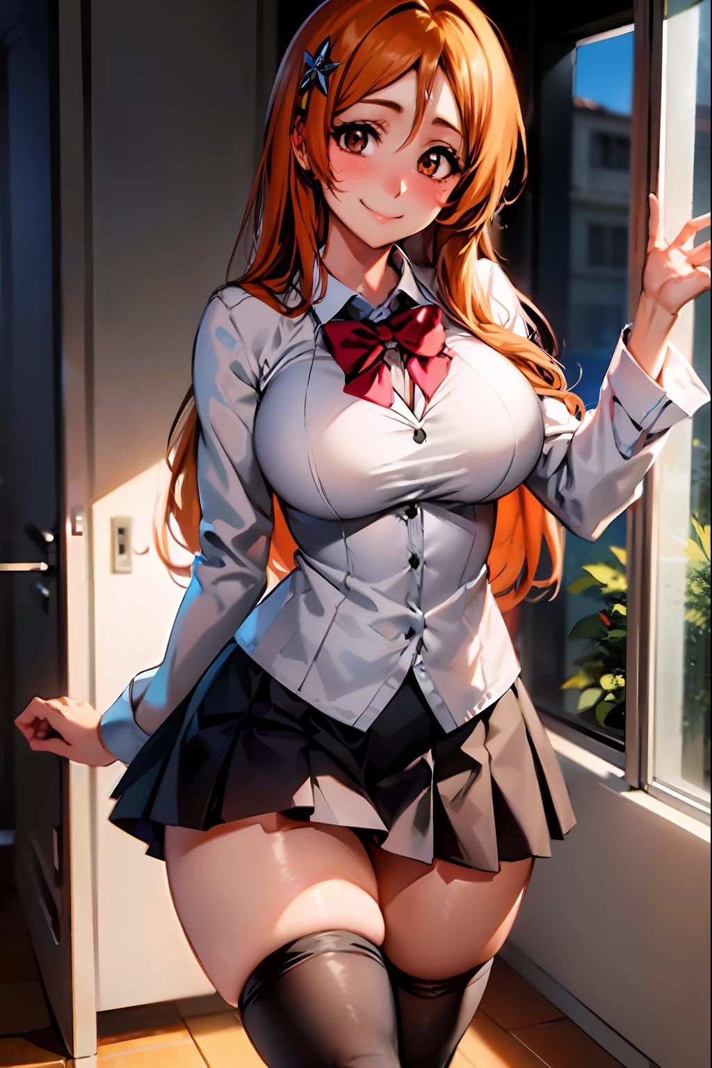 Orihime inoue, bleach, 1girl, solo, school dress,skirt, Halloween Grey,hair between eyes, long hair, hair ornament, looking at viewer, messy hair,  orange hair, solo, thighhighs, thighs, long hair, ((masterpiece)), standing, sexy pose, blush, shy, smile, closes mouth,